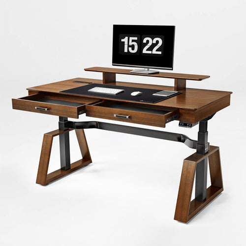 63x29 Executive Height Adjustable Standing Desk with Walnut Desktop and Drawers