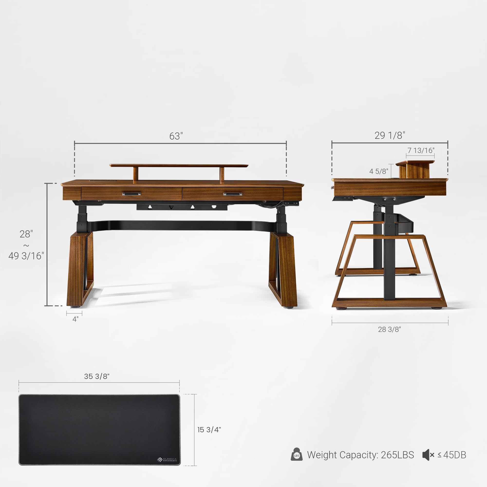63x29 Executive Height Adjustable Standing Desk with Walnut Desktop and Drawers
