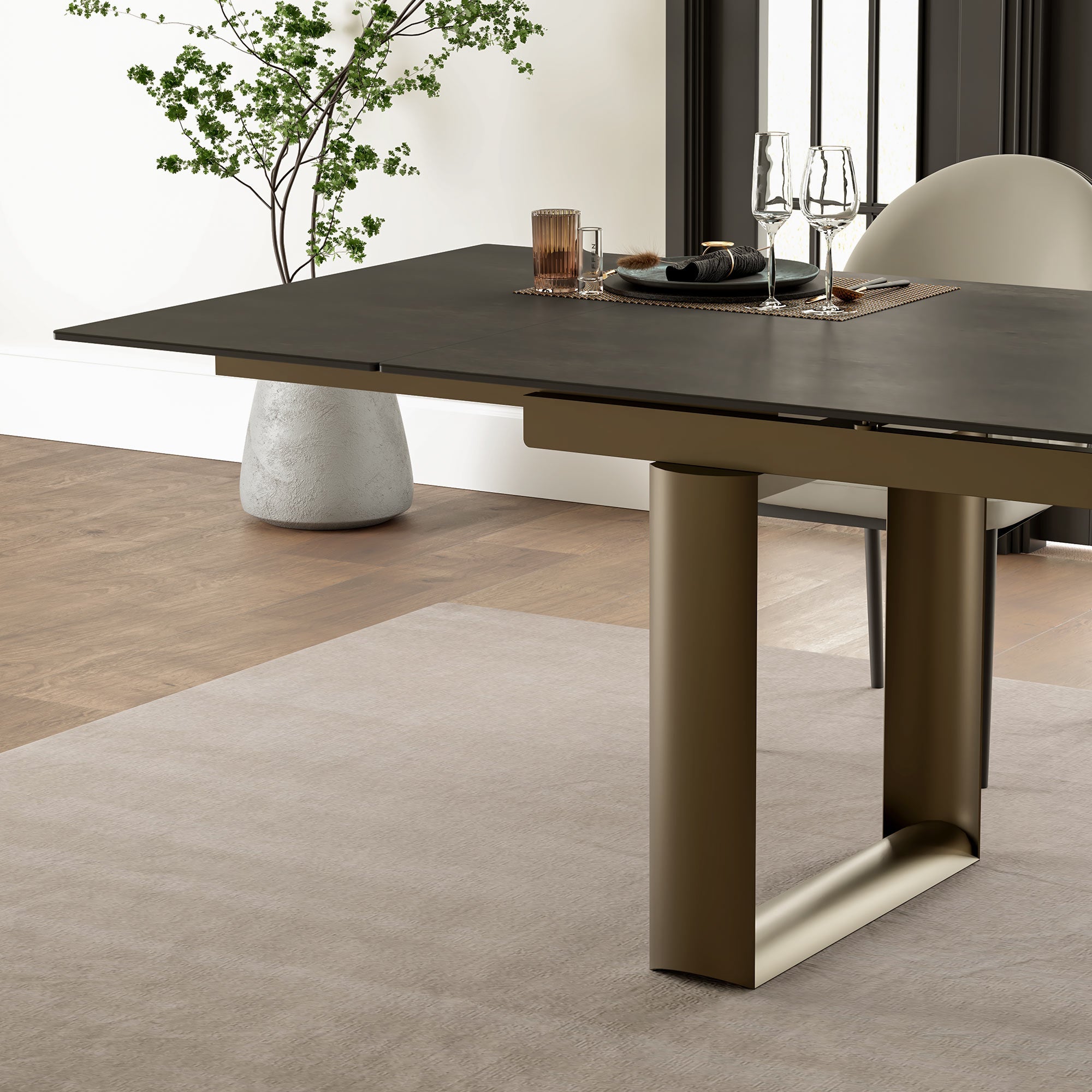 Round Marble-Top Dining Table, White and Gold