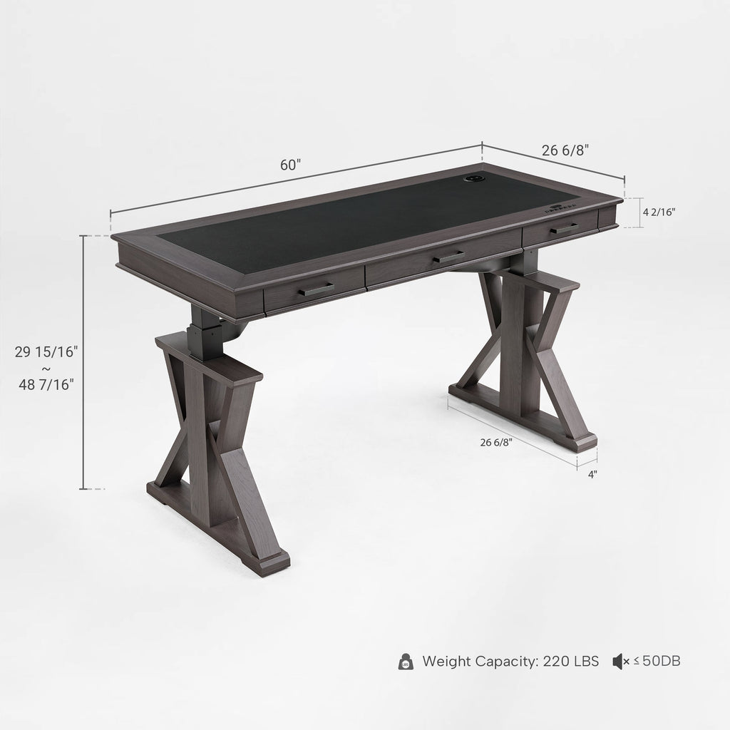 60x26 Height Adjustable Executive Standing Desk, Oak and Black Leather
