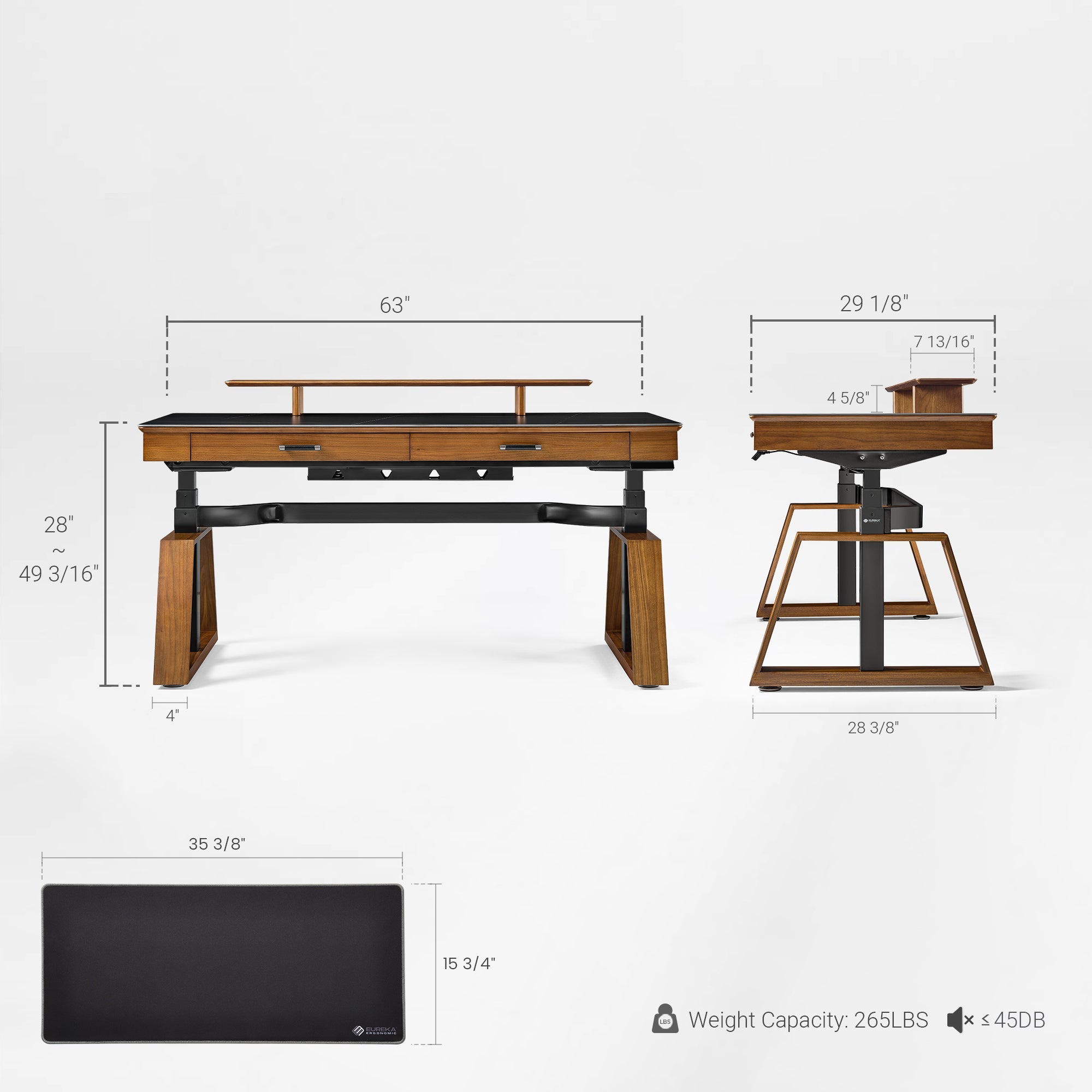 63x29 Executive Height Adjustable Standing Desk with Walnut Desktop and Drawers