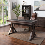 60x26 Height Adjustable Executive Standing Desk, Oak and Black Leather