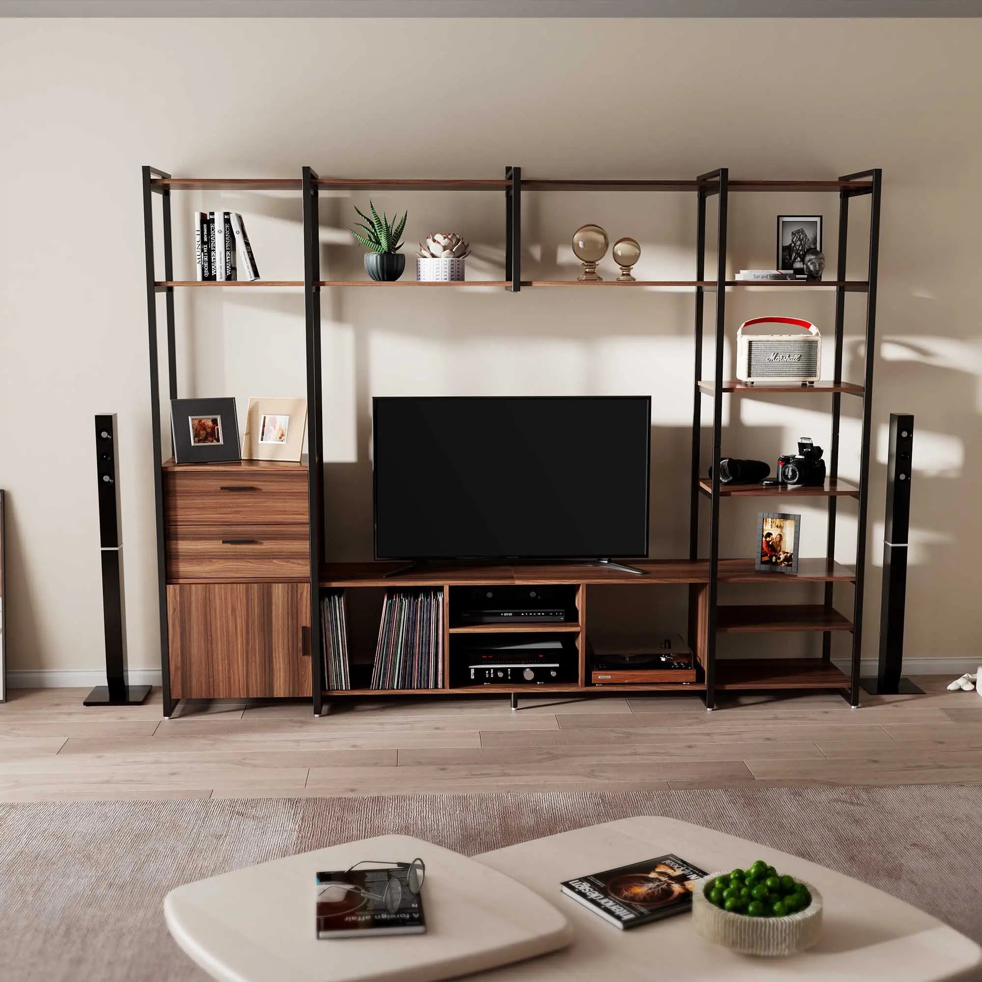 Modern TV Stand with Storage Cabinet and Book Shelves