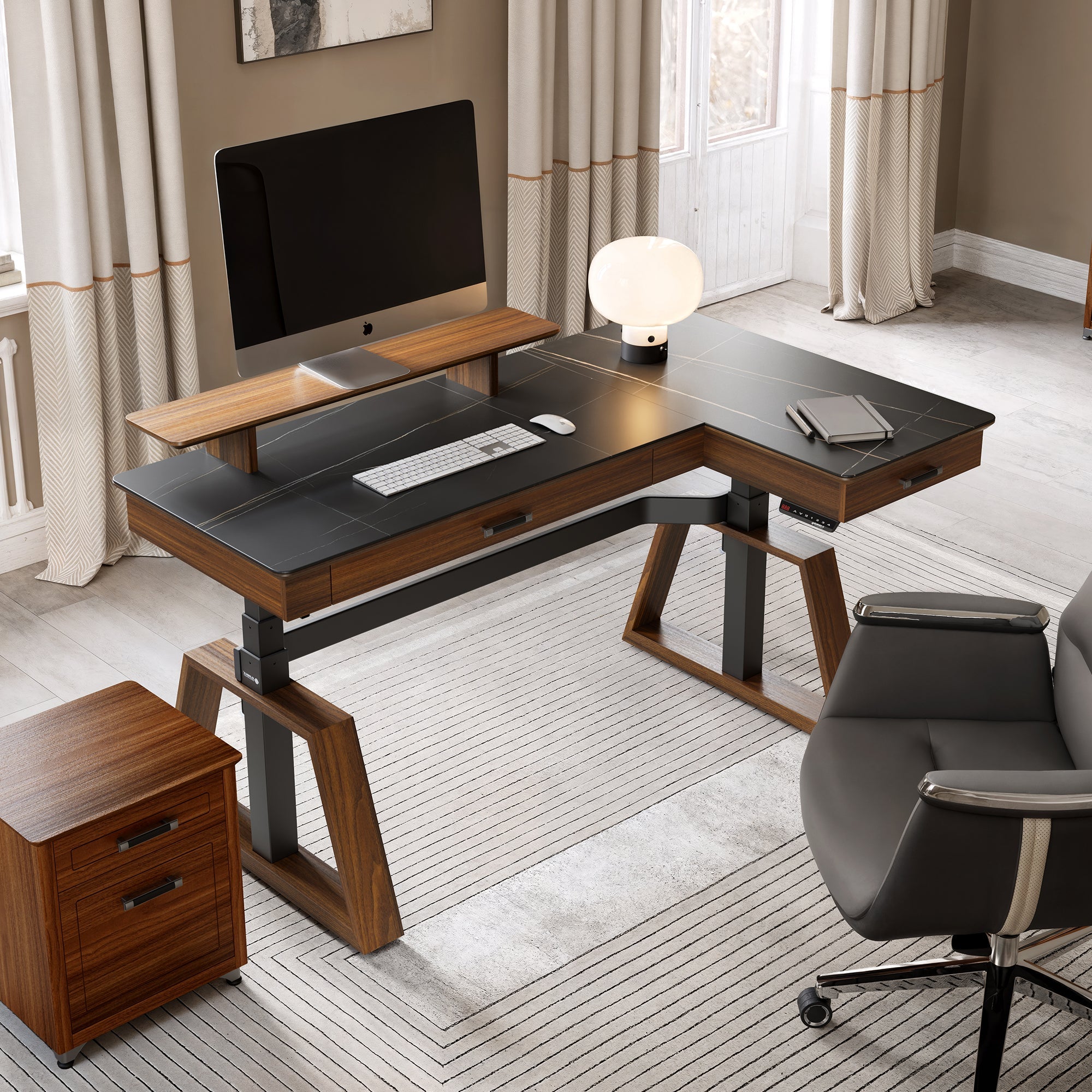 63x23 L-Shaped Height Adjustable Executive Desk, Black and Gold Sintered Stone