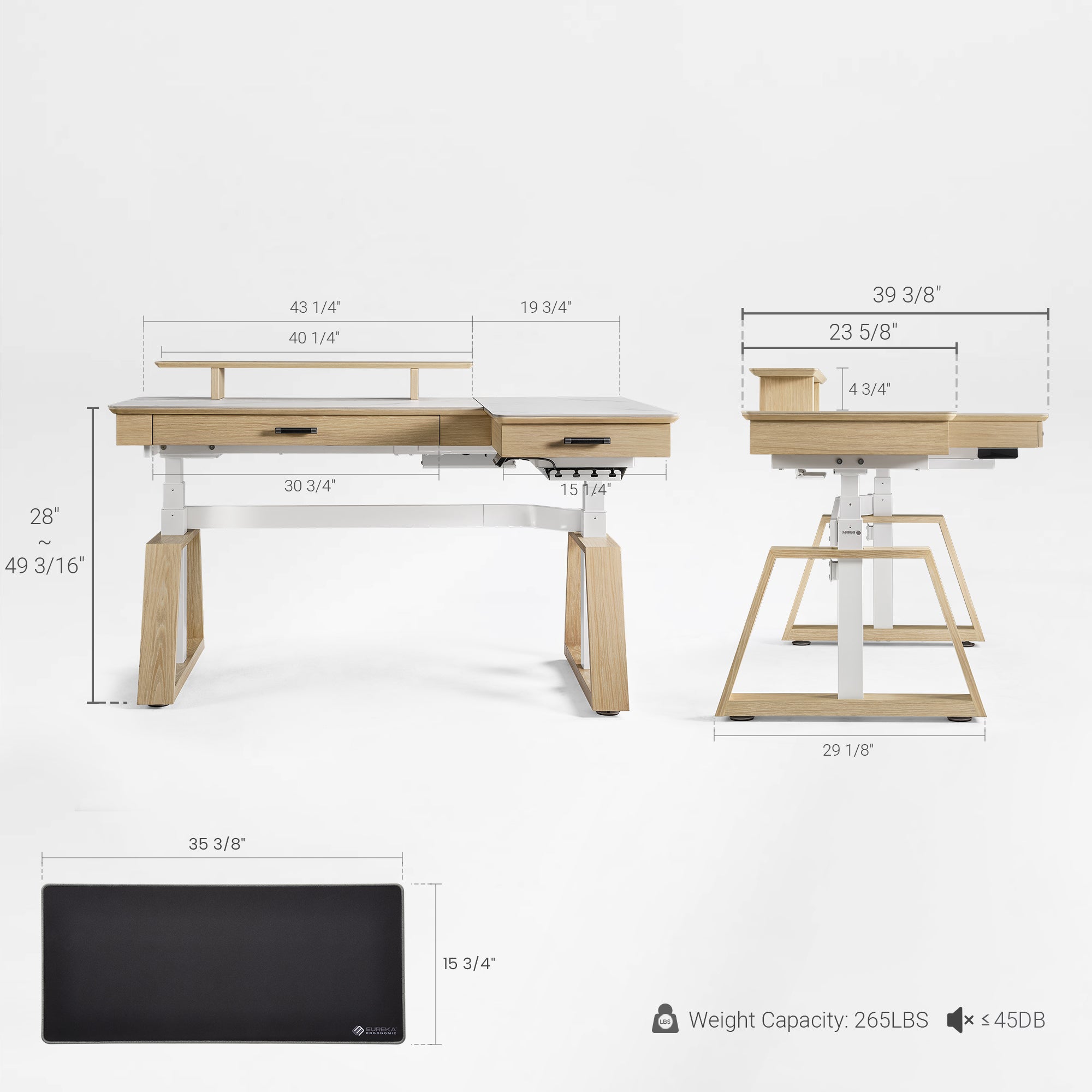 63x23 L-Shaped Height Adjustable Executive Desk, Black and Gold Sintered Stone
