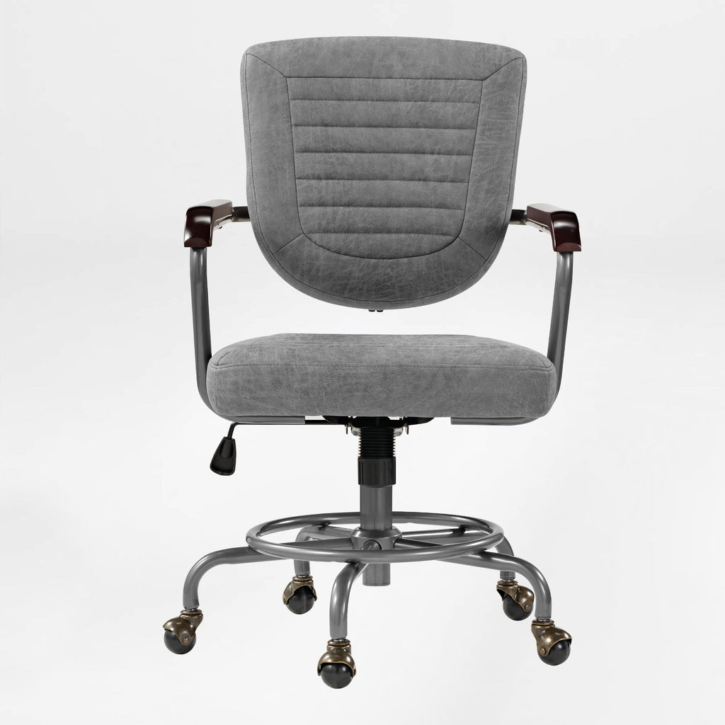 Retro PU Leather Task Office Chair - Solid Wood Arms