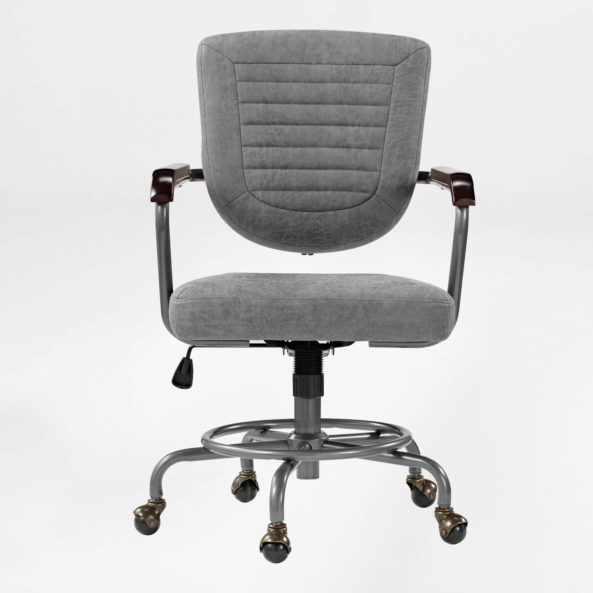 Retro PU Leather Task Office Chair - Solid Wood Arms