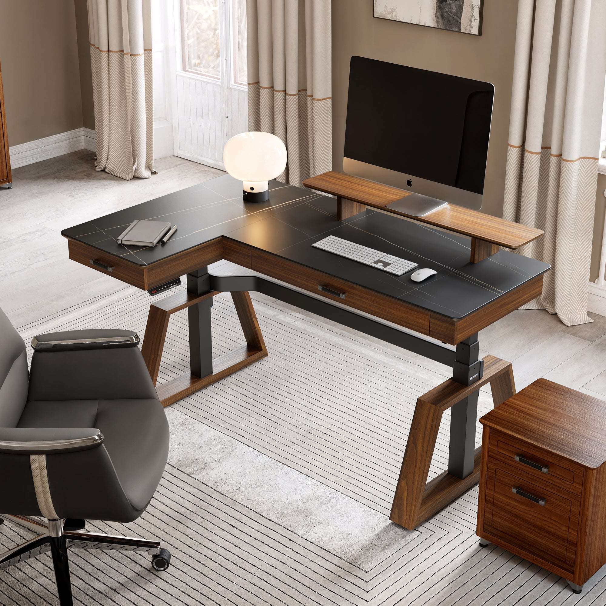 63x23 L-Shaped Height Adjustable Executive Desk, Black and Gold Sintered Stone