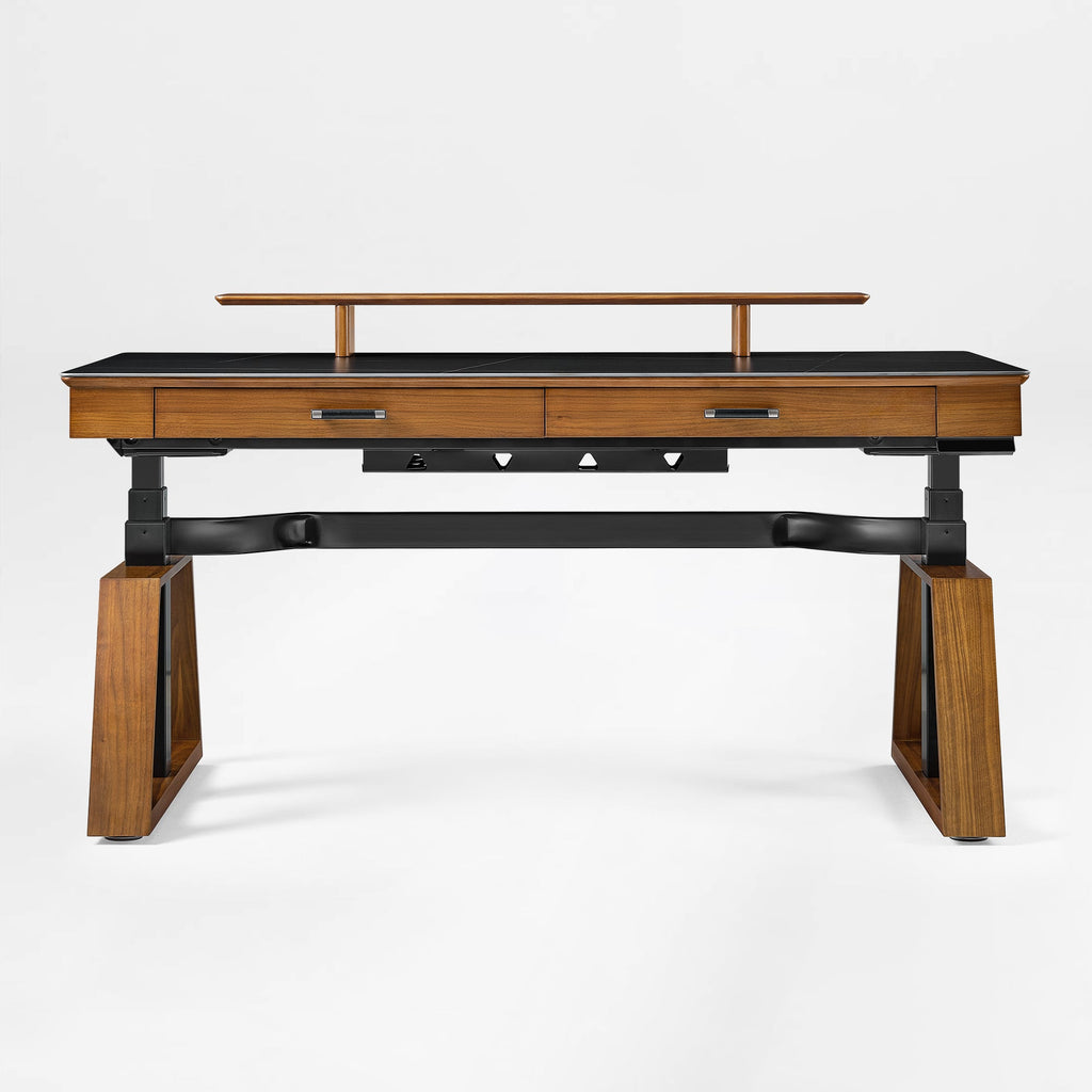 63x29 Executive Height Adjustable Standing Desk with Walnut Desktop and Drawers