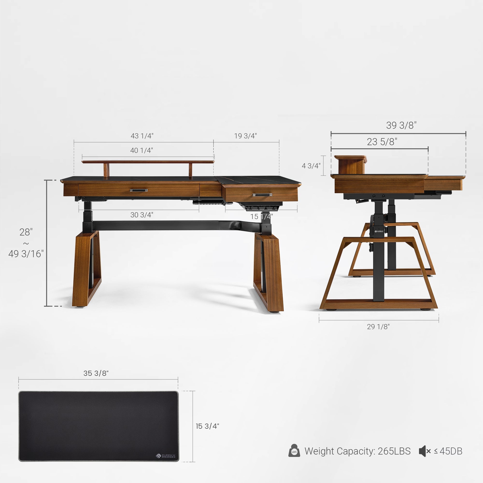 63x23 L-Shaped Height Adjustable Executive Desk, Black and Gold Sintered Stone