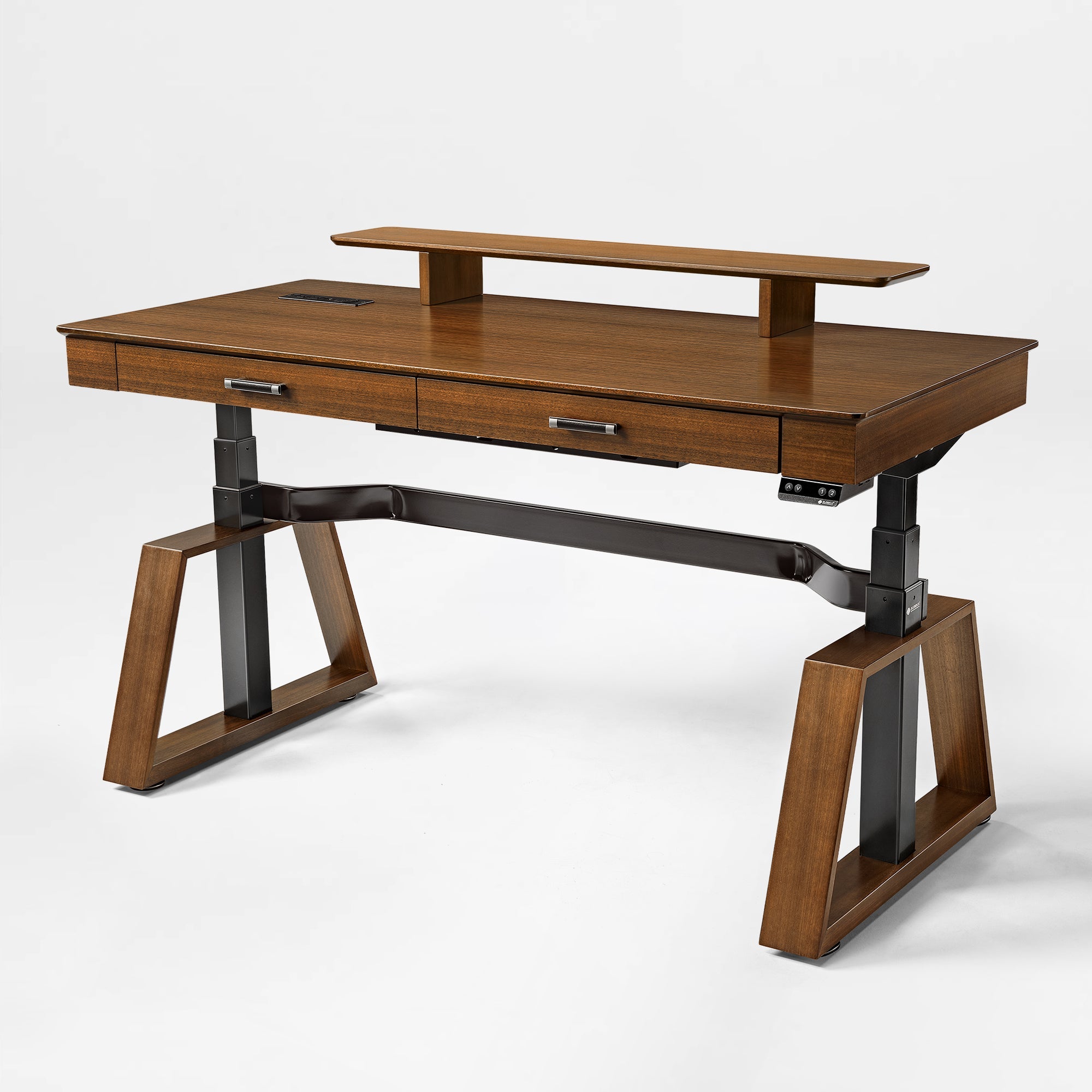 63x29 Executive Height Adjustable Standing Desk with Walnut Desktop and Drawers