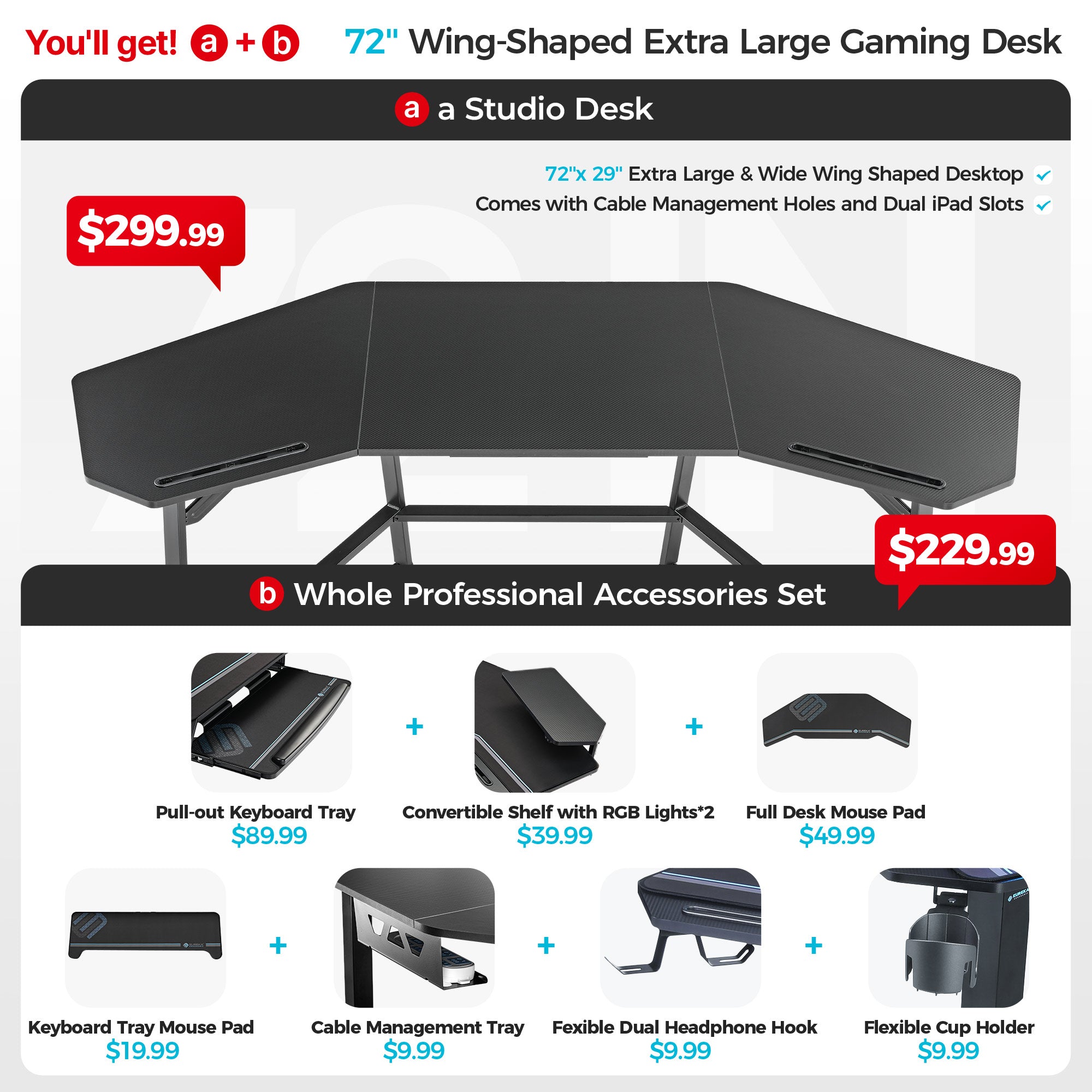 Wing-Shaped Studio Desk (73x23)