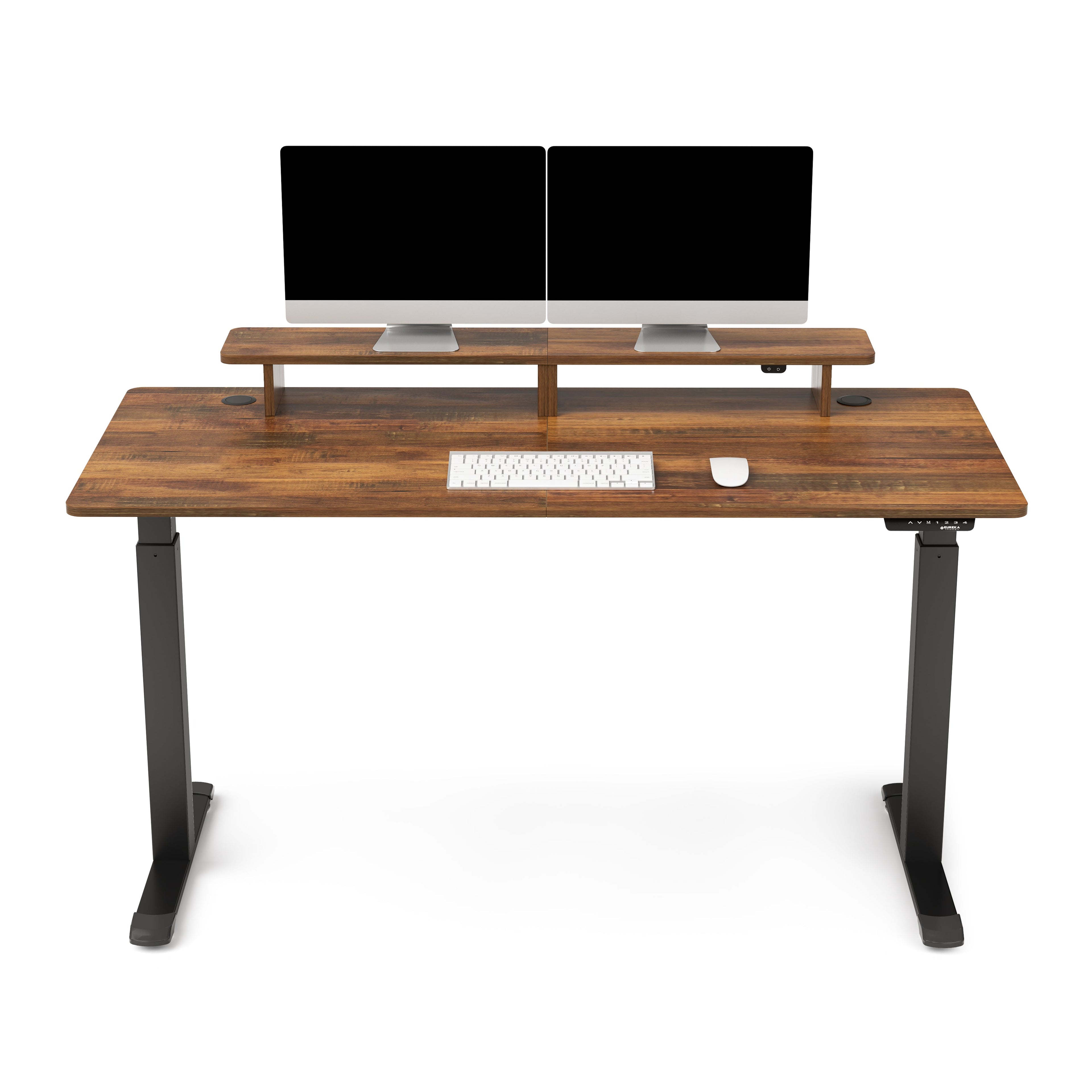 63x29 Walnut Height Adjustable Standing Desk with RGB Monitor Stand