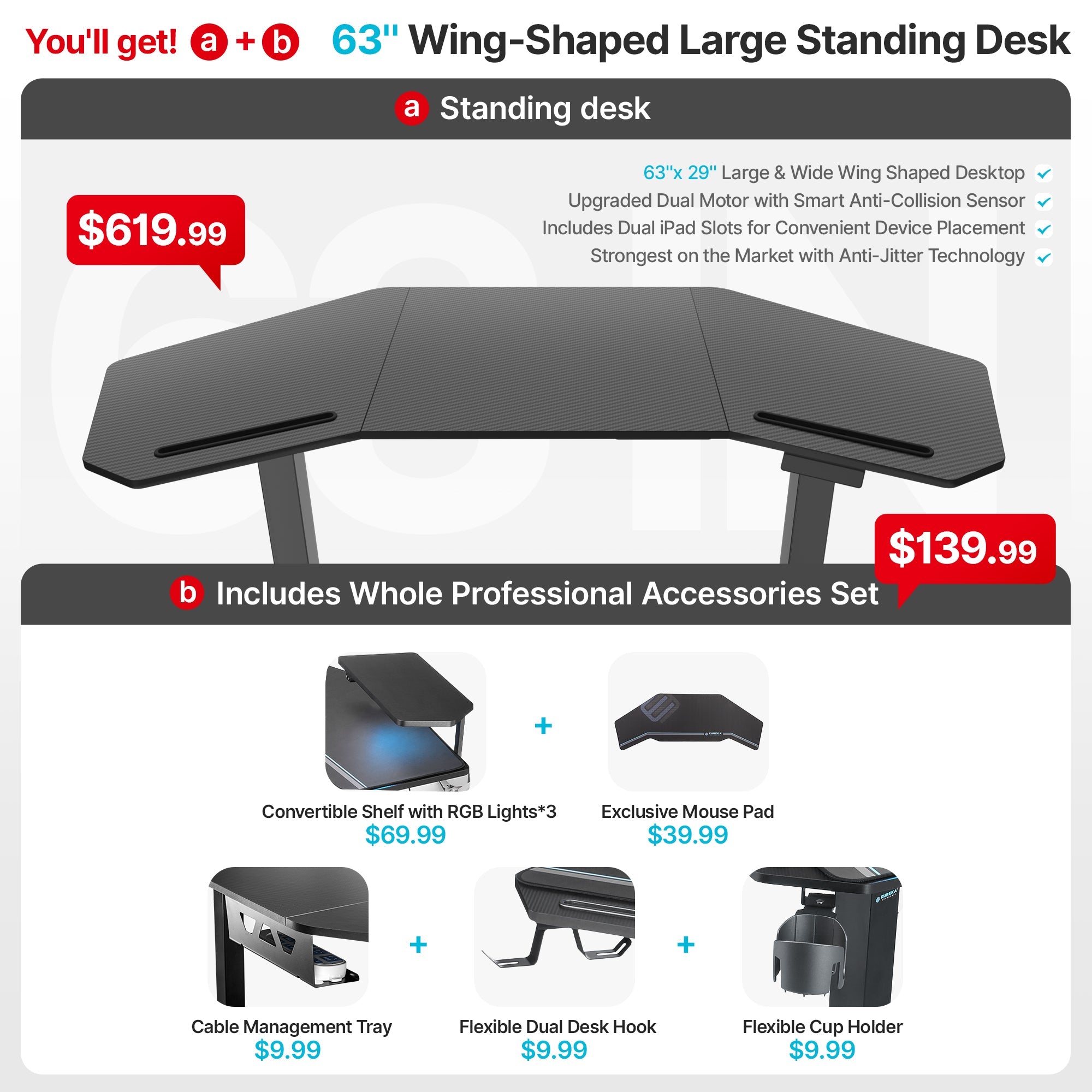 Wing-Shaped Standing Desk (63x23)