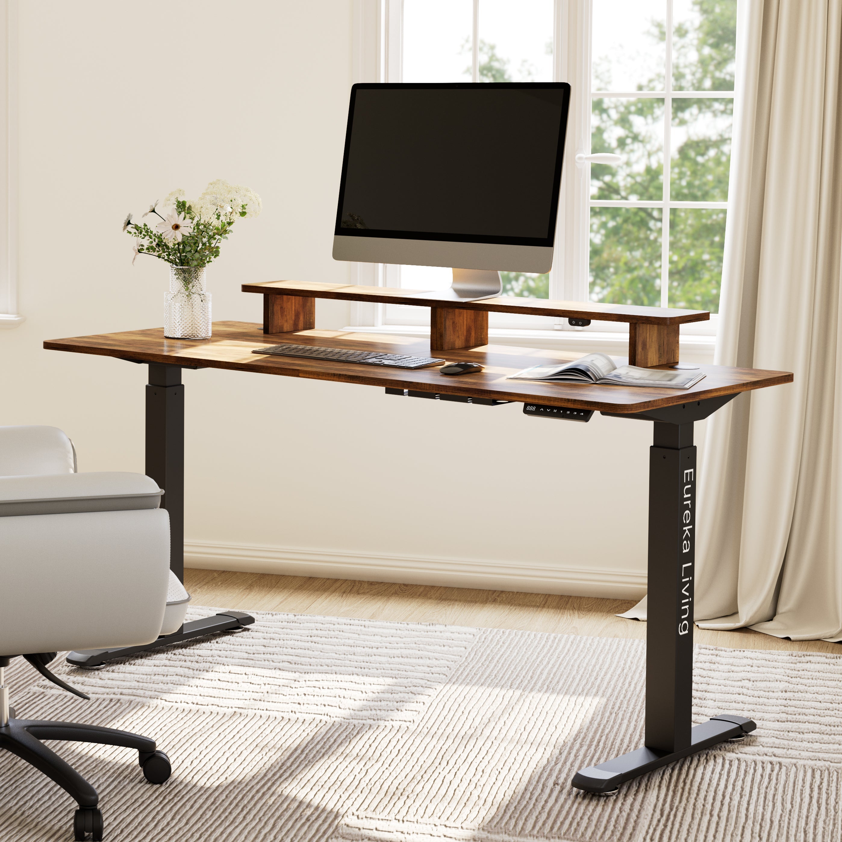 63x29 Walnut Height Adjustable Standing Desk with RGB Monitor Stand