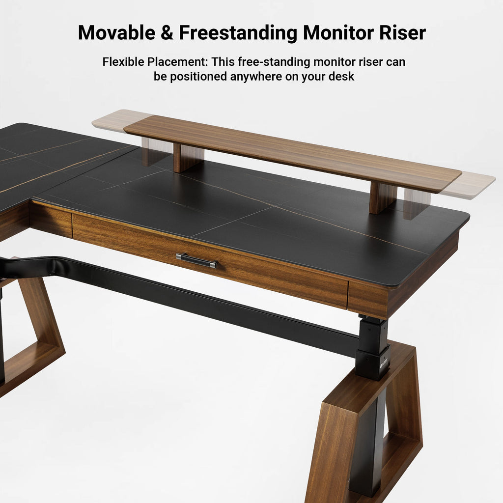 63x23 L-Shaped Height Adjustable Executive Desk, Black and Gold Sintered Stone