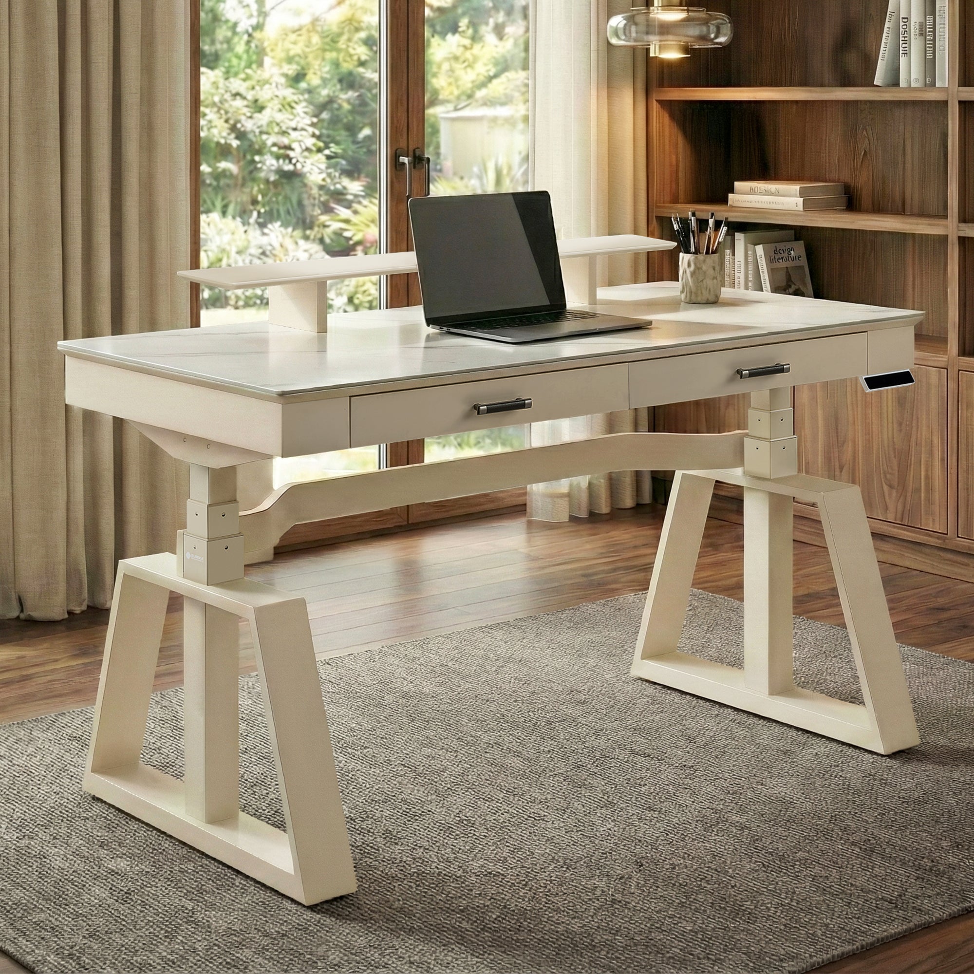 63x29 Executive Height Adjustable Standing Desk with Walnut Desktop and Drawers