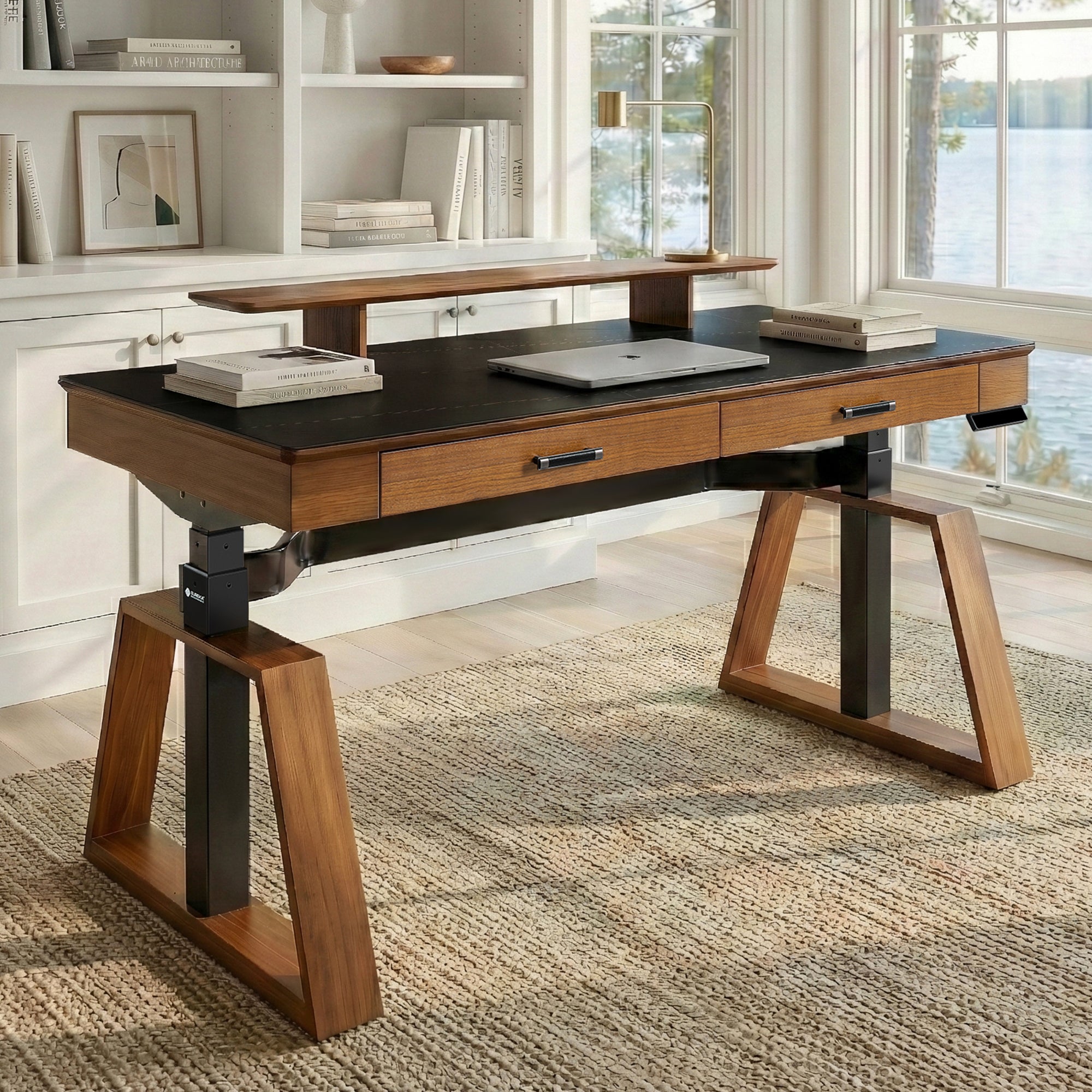 63x29 Executive Height Adjustable Standing Desk with Walnut Desktop and Drawers