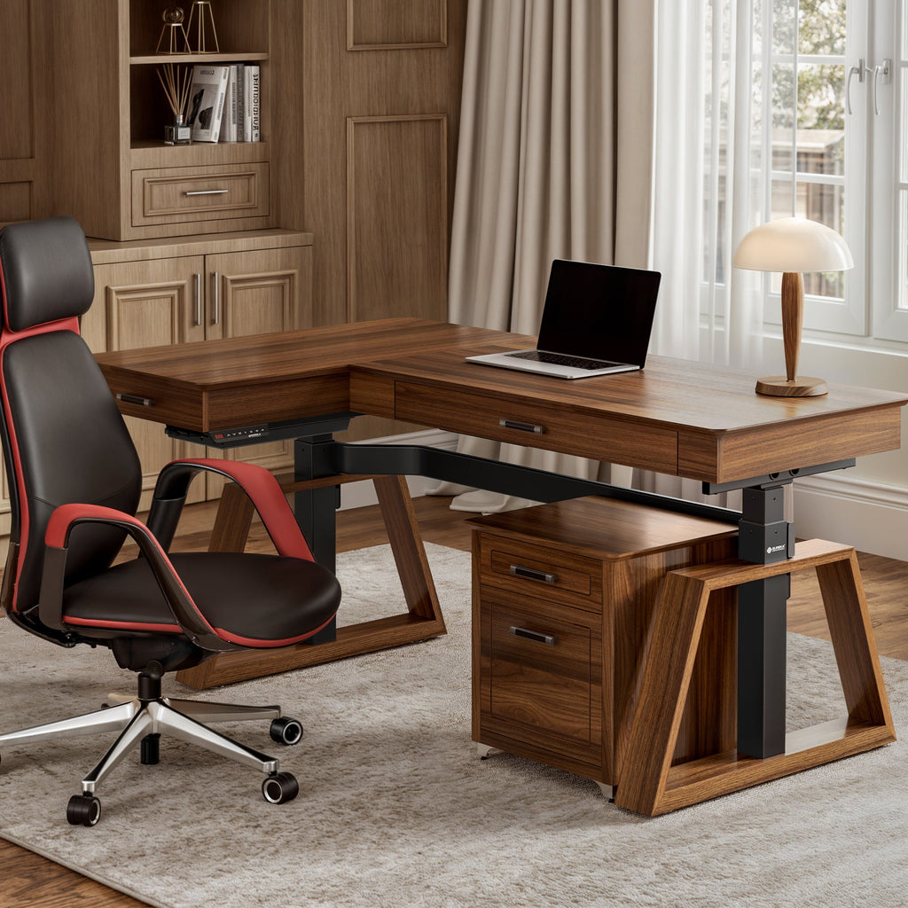 63x23 L-Shaped Height Adjustable Executive Desk, Handcrafted Walnut