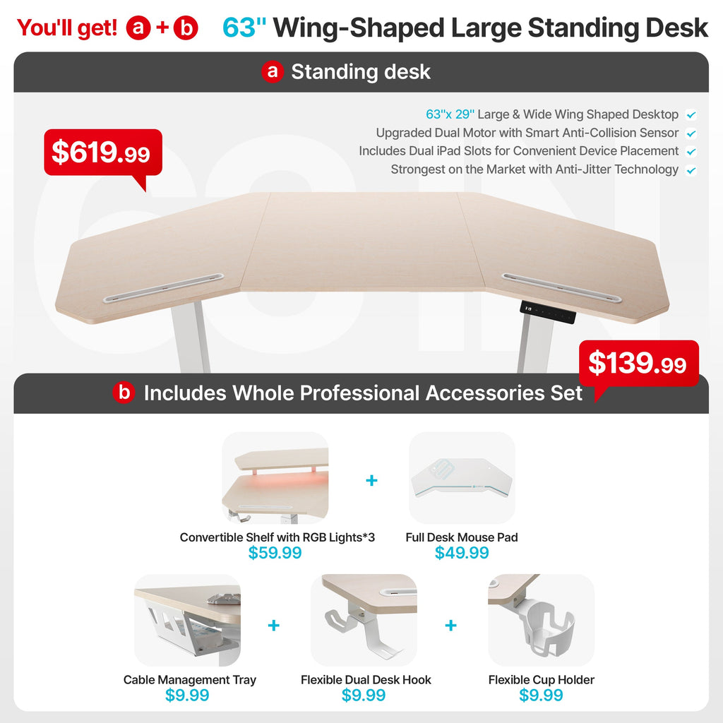 Wing-Shaped Standing Desk (63x23)