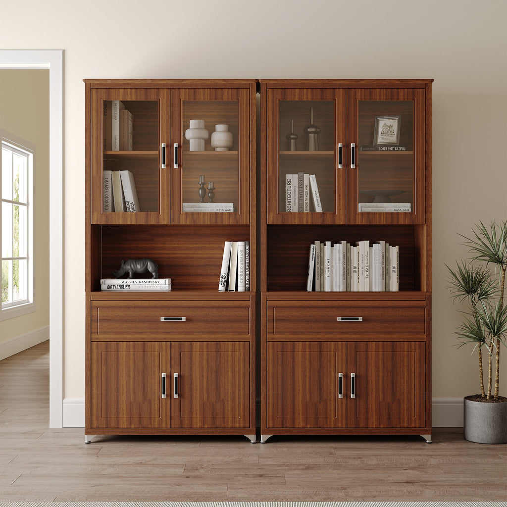72'' Storage Bookcase with Glass Doors, Drawers and Shelves, Walnut
