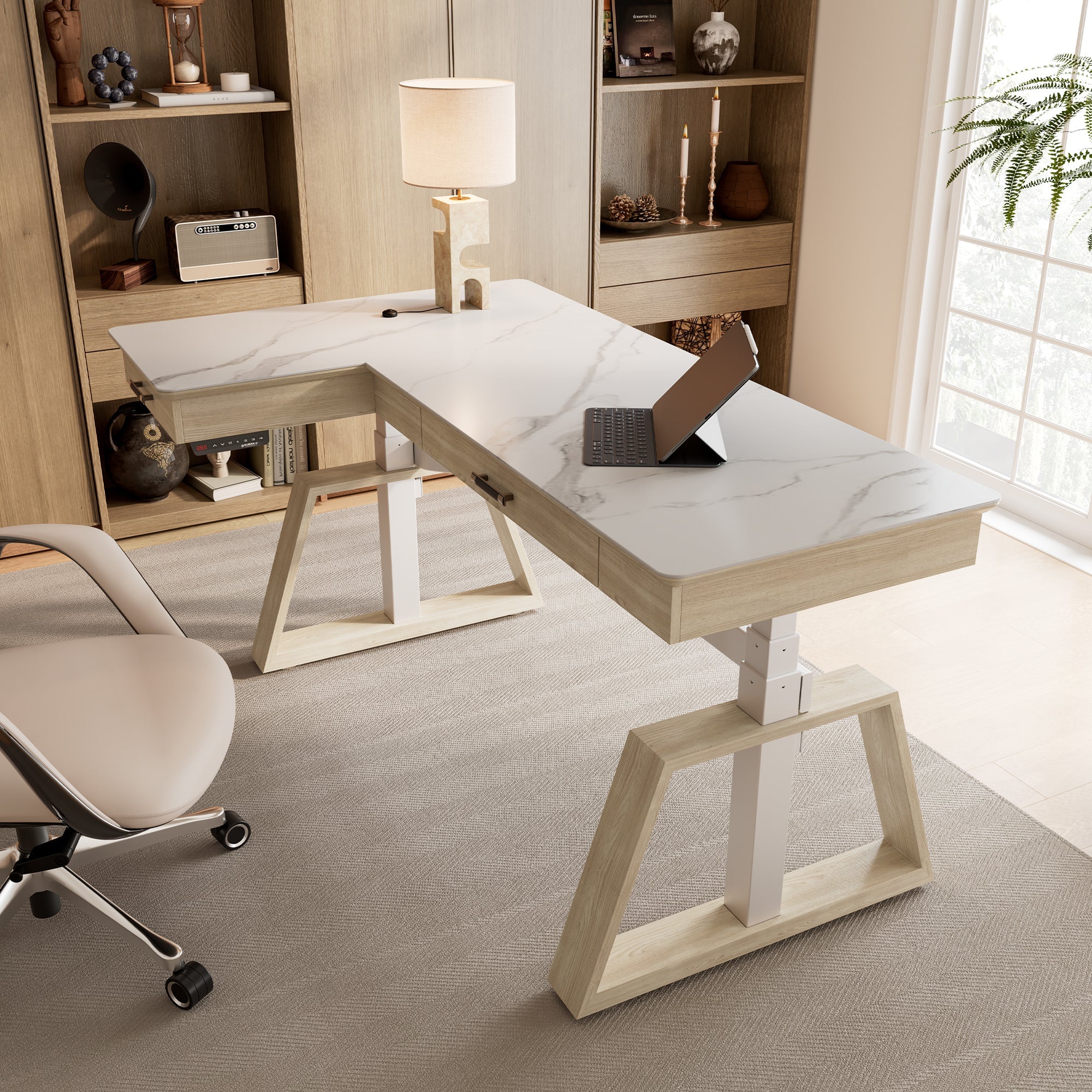 63x23 L-Shaped Height Adjustable Executive Desk, Black and Gold Sintered Stone