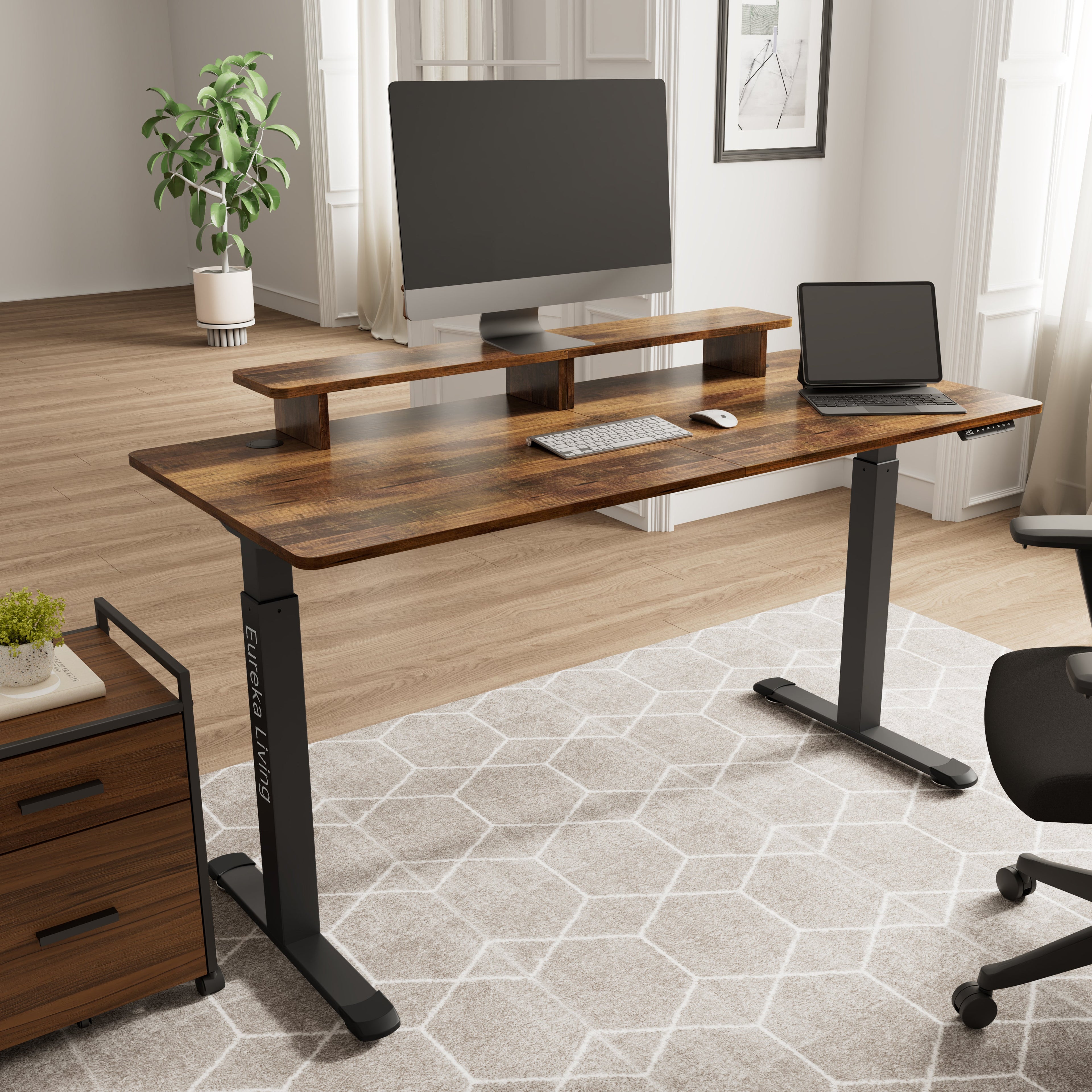 63x29 Walnut Height Adjustable Standing Desk with RGB Monitor Stand
