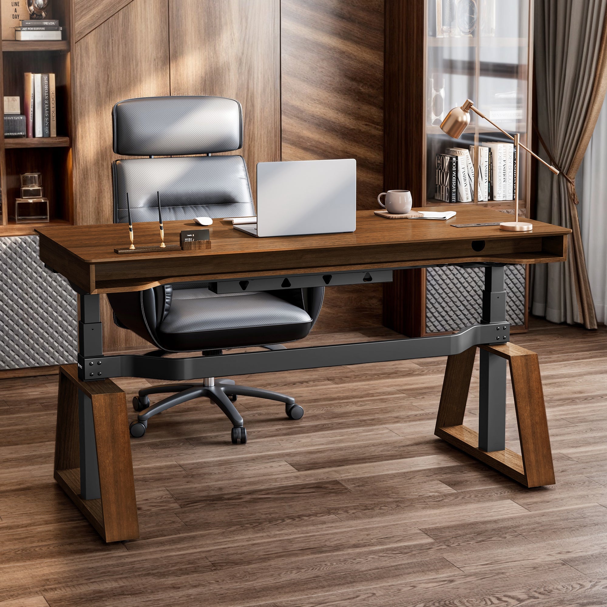 63x29 Executive Height Adjustable Standing Desk with Walnut Desktop and Drawers
