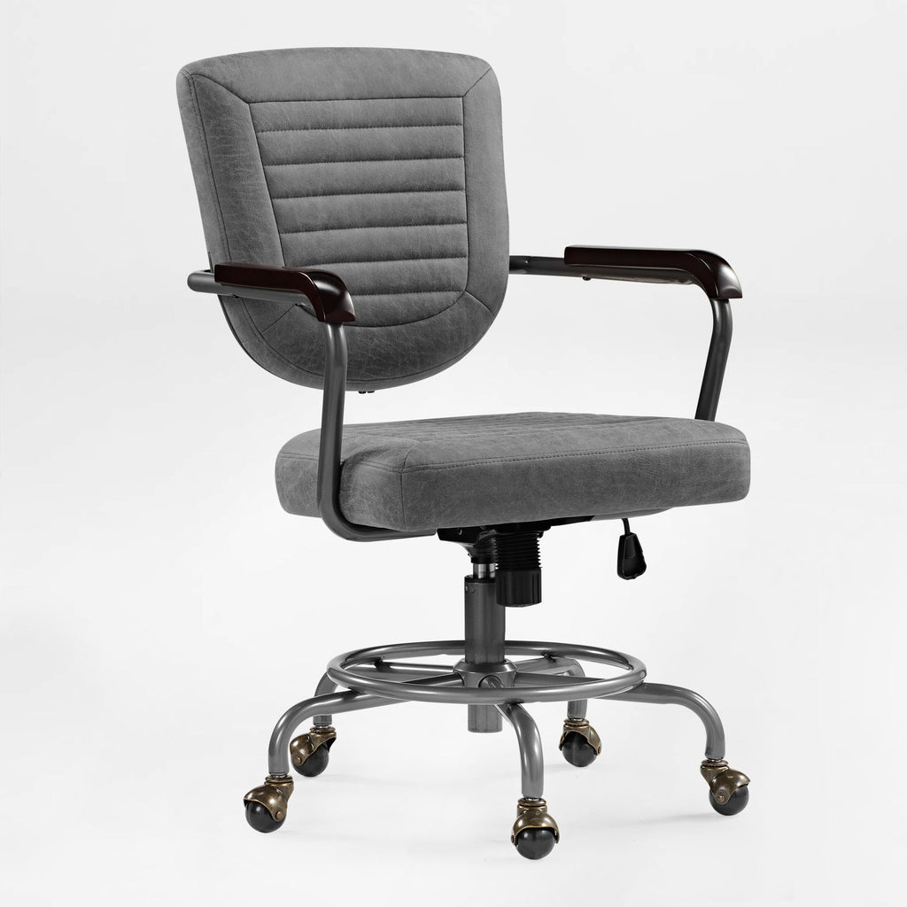 Retro PU Leather Task Office Chair - Solid Wood Arms