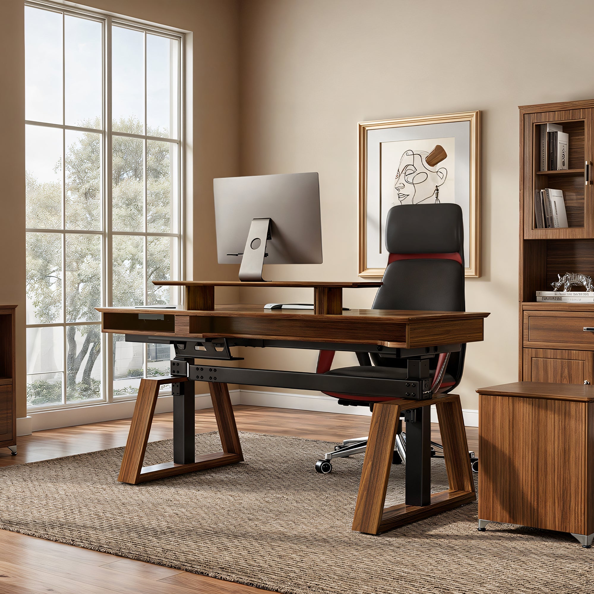 63x23 L-Shaped Height Adjustable Executive Desk, Handcrafted Walnut