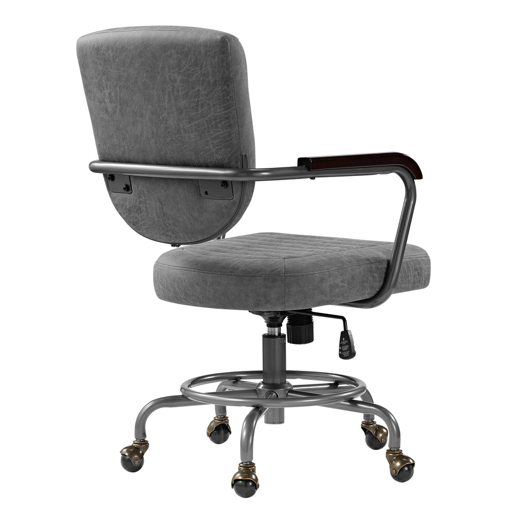 Retro PU Leather Task Office Chair - Solid Wood Arms