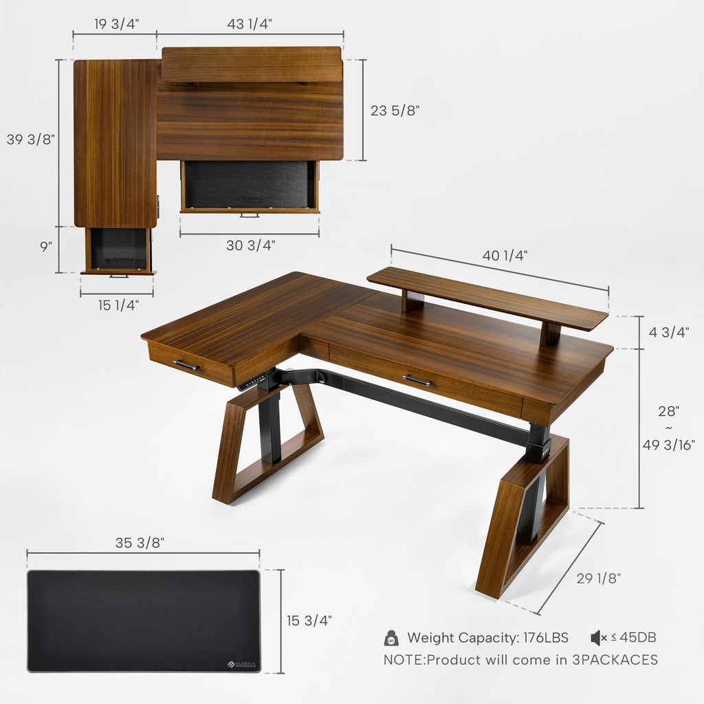 63x23 L-Shaped Height Adjustable Executive Desk, Handcrafted Walnut