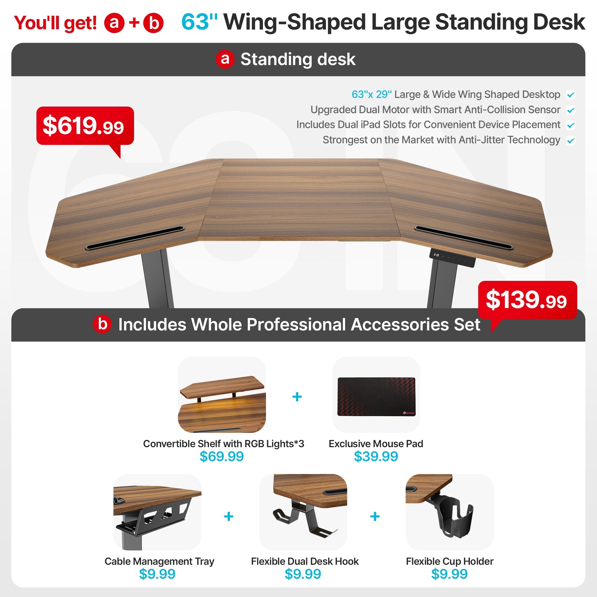 Wing-Shaped Standing Desk (63x23)