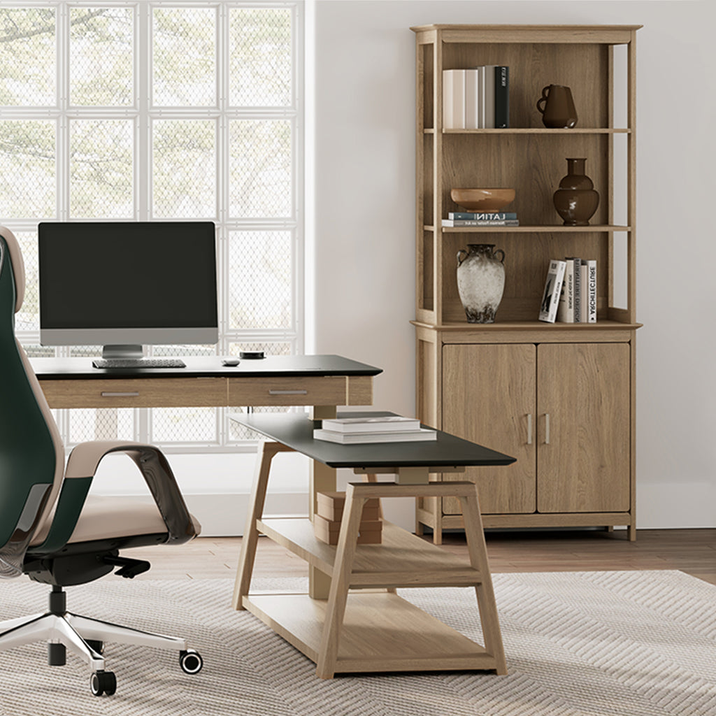 71'' Display Bookshelf with Storage Cabinet, Oak