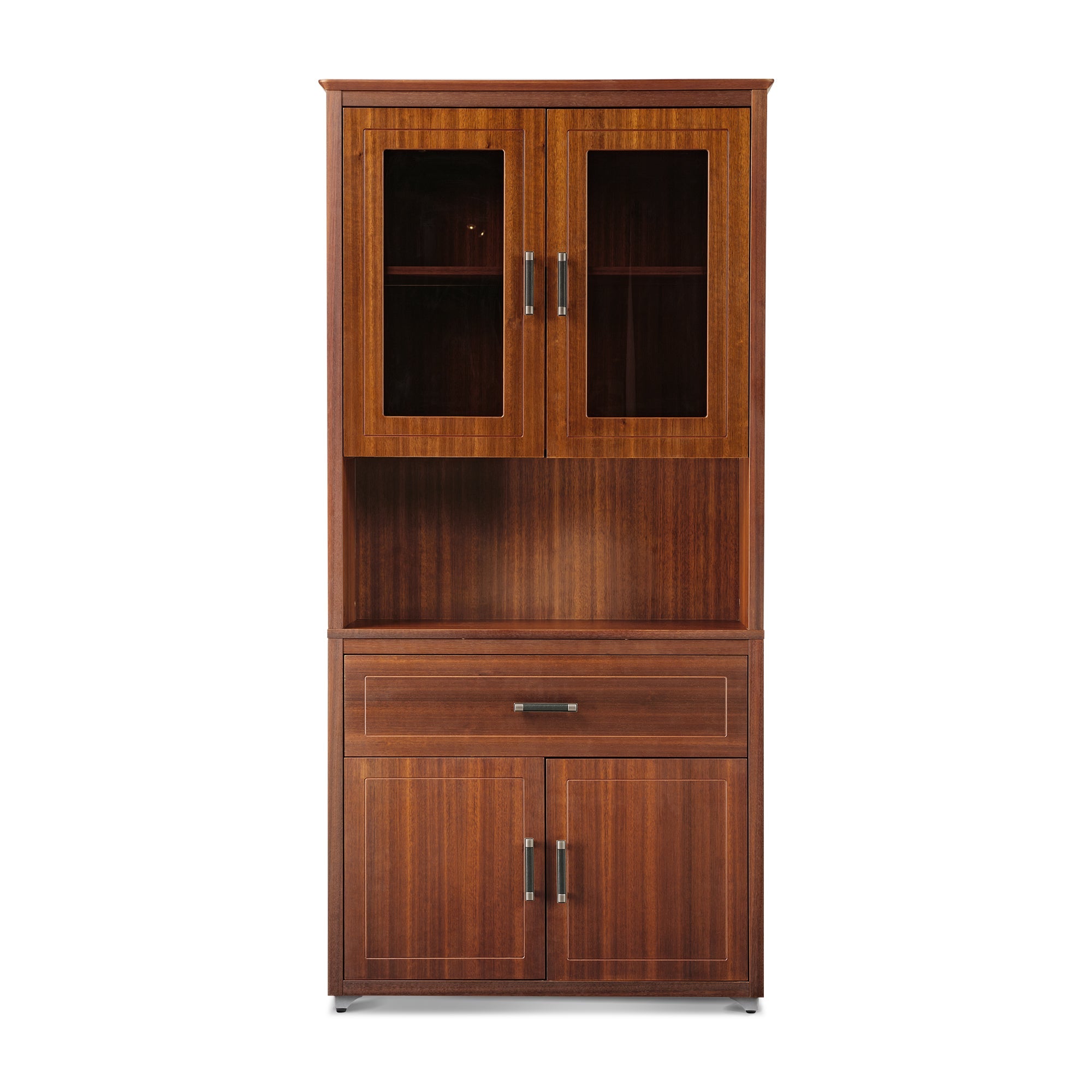 72'' Storage Bookcase with Glass Doors, Drawers and Shelves, Walnut