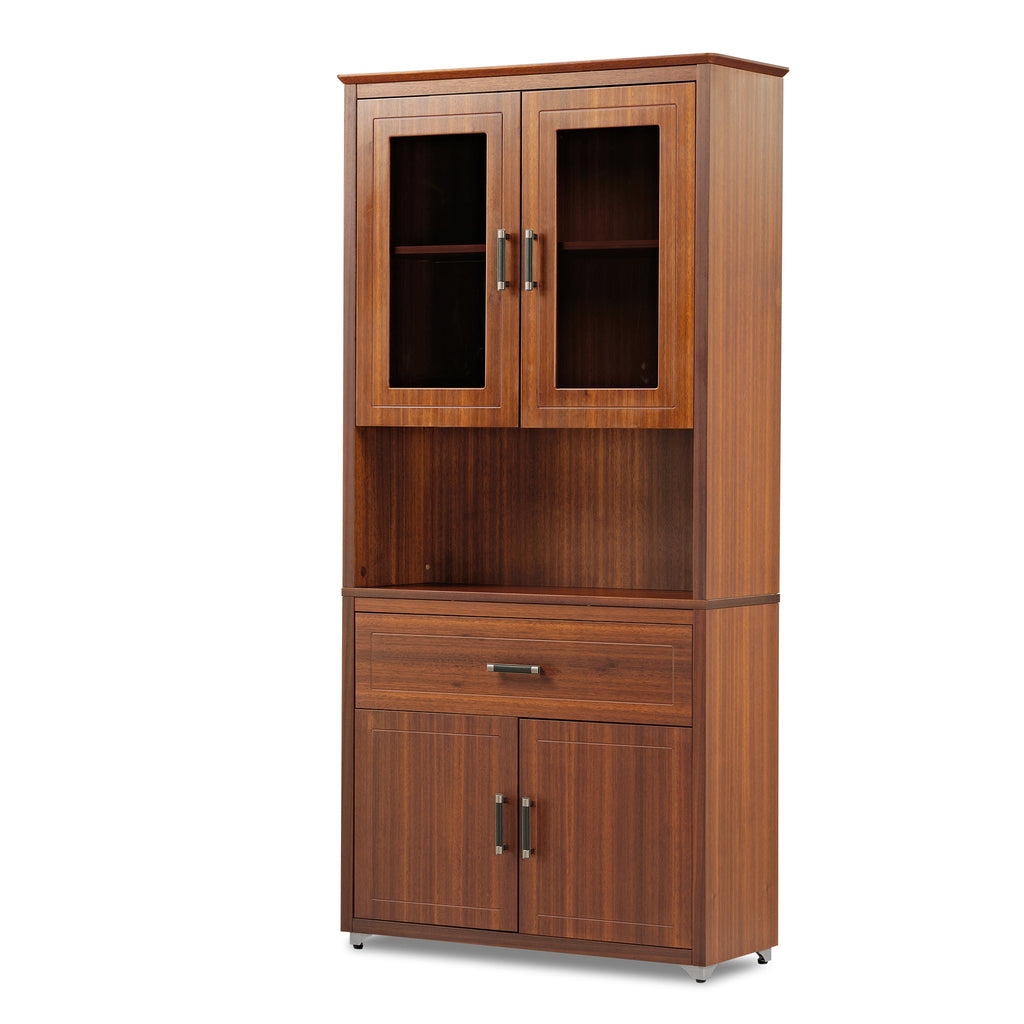 72'' Storage Bookcase with Glass Doors, Drawers and Shelves, Walnut