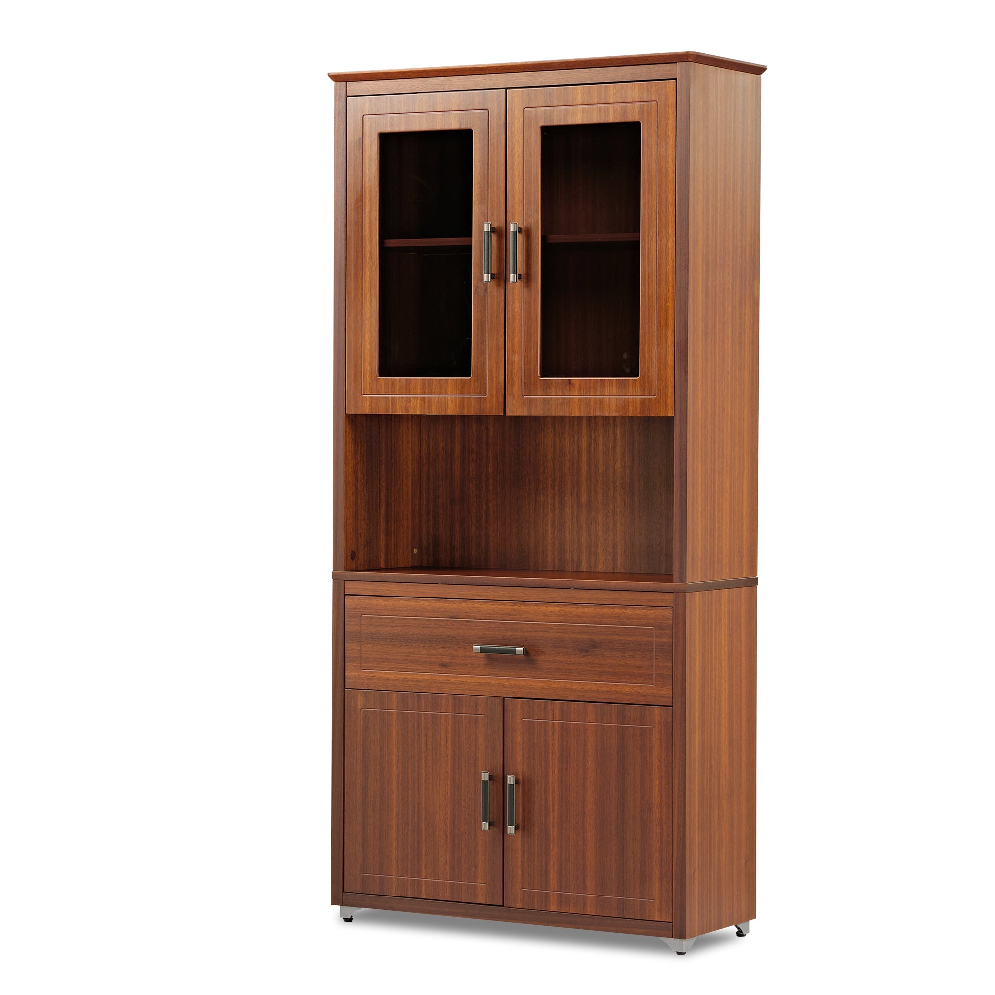 72'' Storage Bookcase with Glass Doors, Drawers and Shelves, Walnut