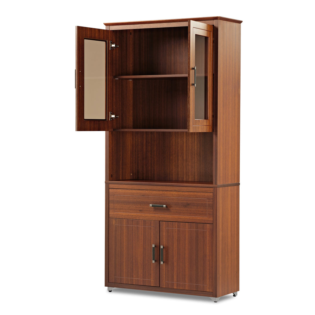 72'' Storage Bookcase with Glass Doors, Drawers and Shelves, Walnut