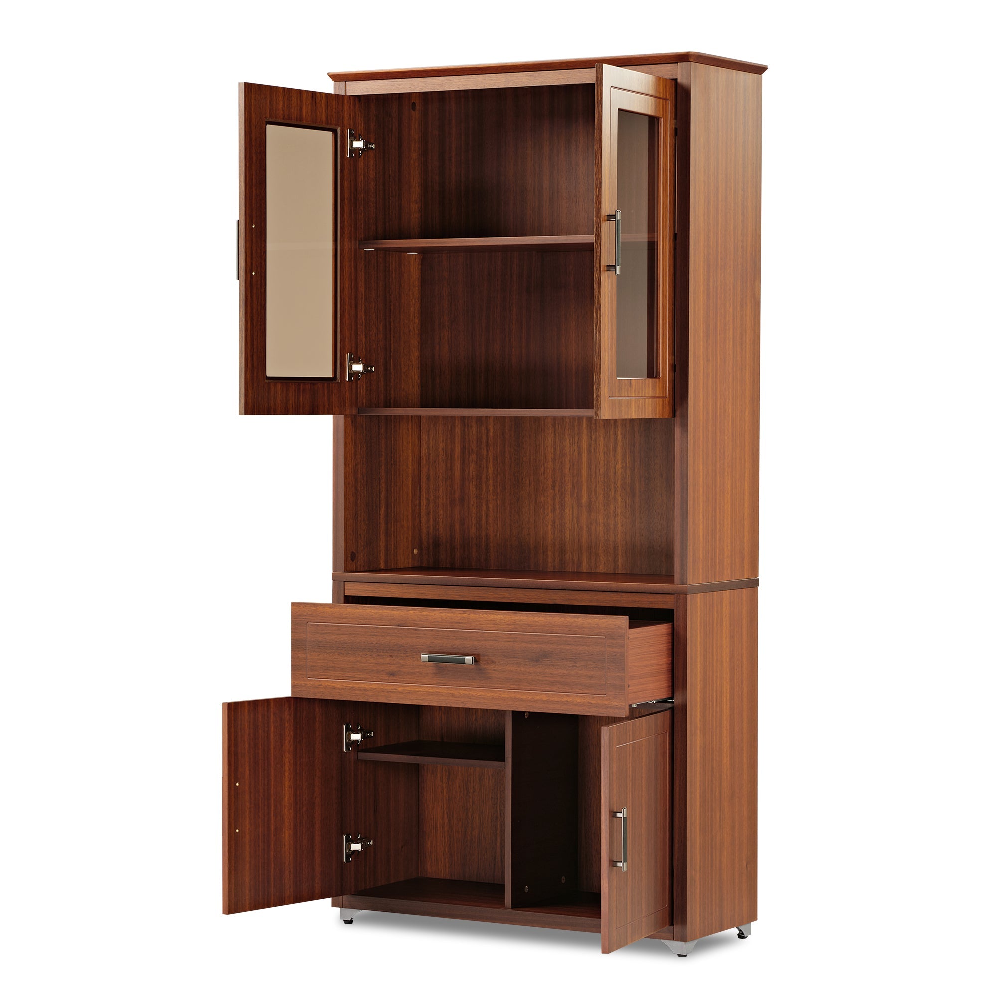 72'' Storage Bookcase with Glass Doors, Drawers and Shelves, Walnut