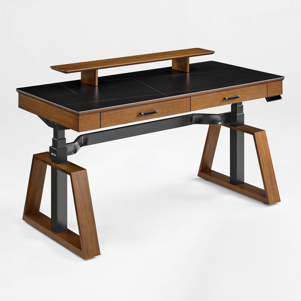 63x29 Executive Height Adjustable Standing Desk with Walnut Desktop and Drawers