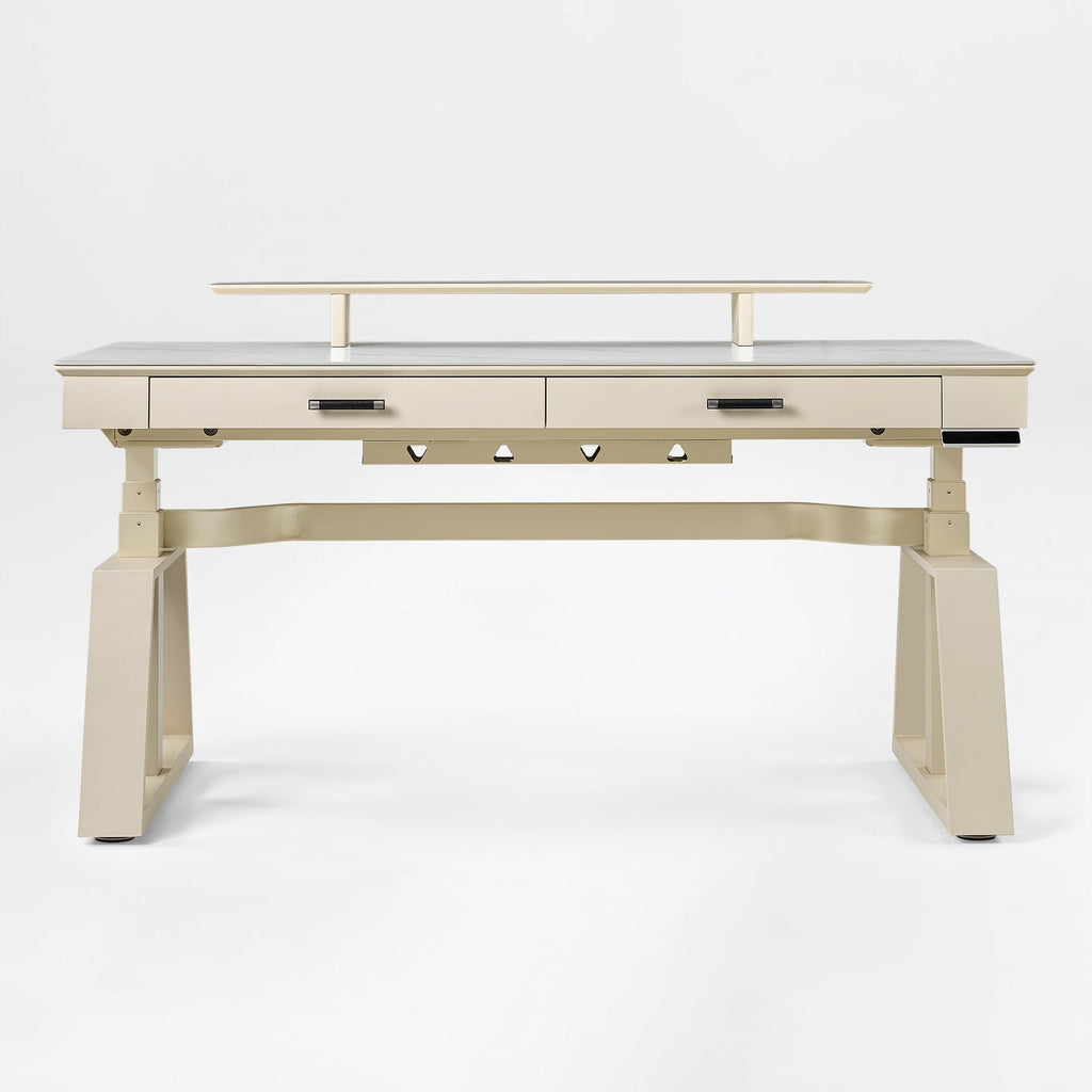 63x29 Executive Height Adjustable Standing Desk with Walnut Desktop and Drawers