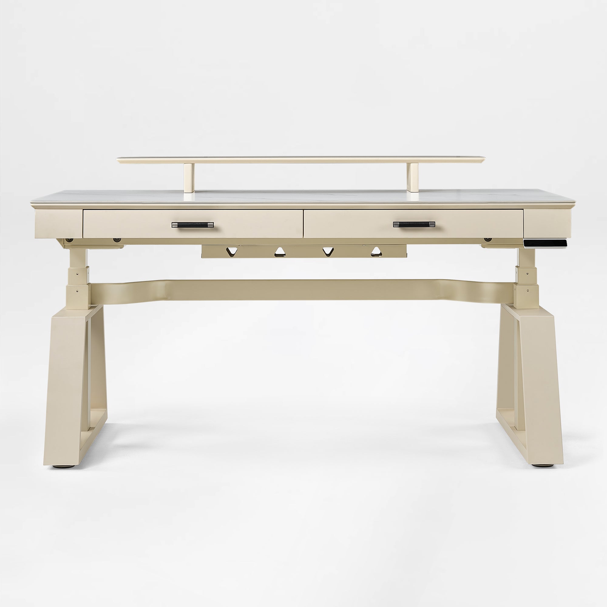 63x29 Executive Height Adjustable Standing Desk with Walnut Desktop and Drawers