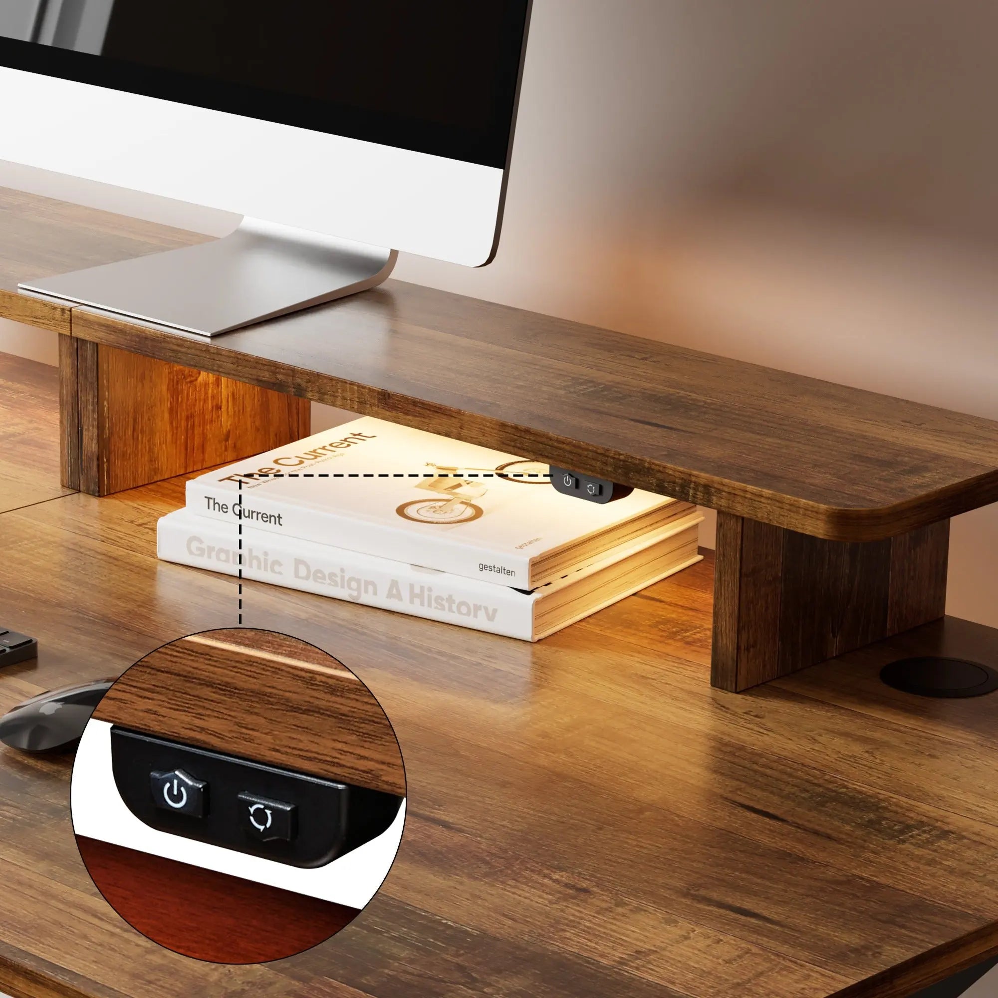 63x29 Walnut Height Adjustable Standing Desk with RGB Monitor Stand