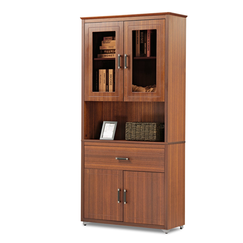 72'' Storage Bookcase with Glass Doors, Drawers and Shelves, Walnut