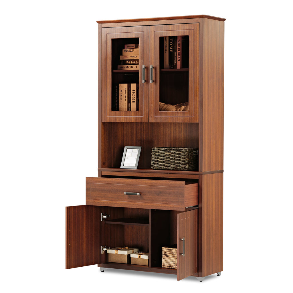 72'' Storage Bookcase with Glass Doors, Drawers and Shelves, Walnut