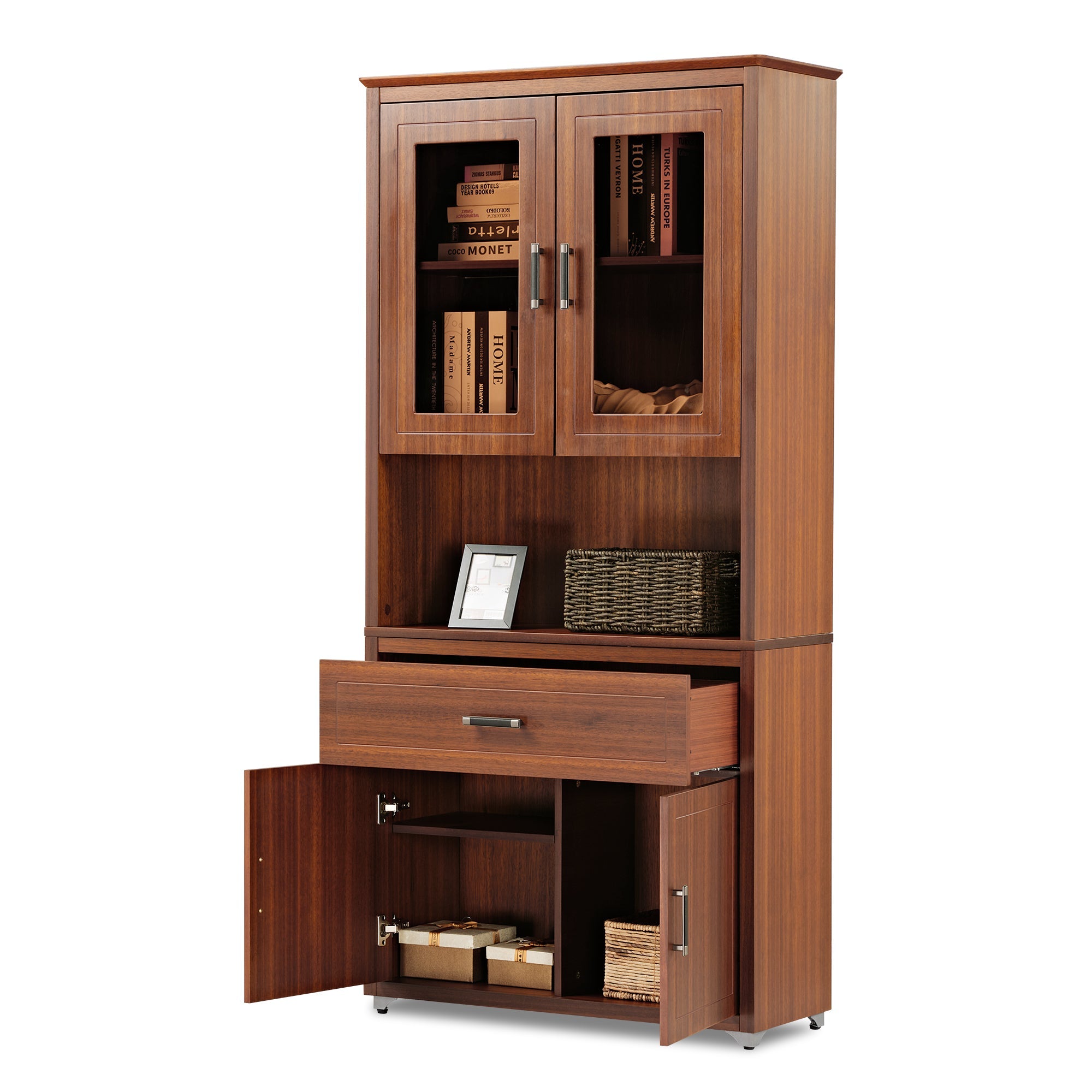 72'' Storage Bookcase with Glass Doors, Drawers and Shelves, Walnut