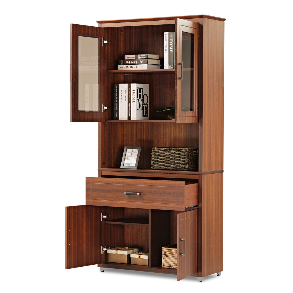 72'' Storage Bookcase with Glass Doors, Drawers and Shelves, Walnut