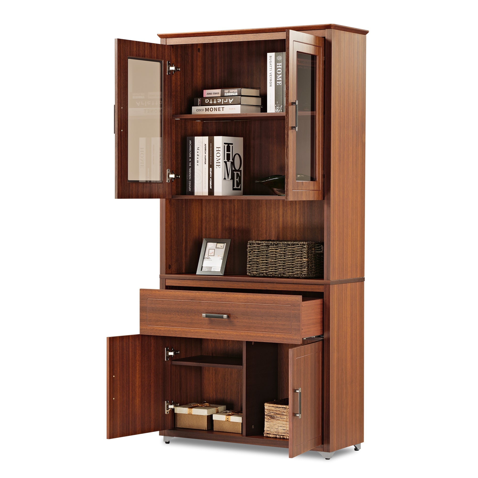 72'' Storage Bookcase with Glass Doors, Drawers and Shelves, Walnut