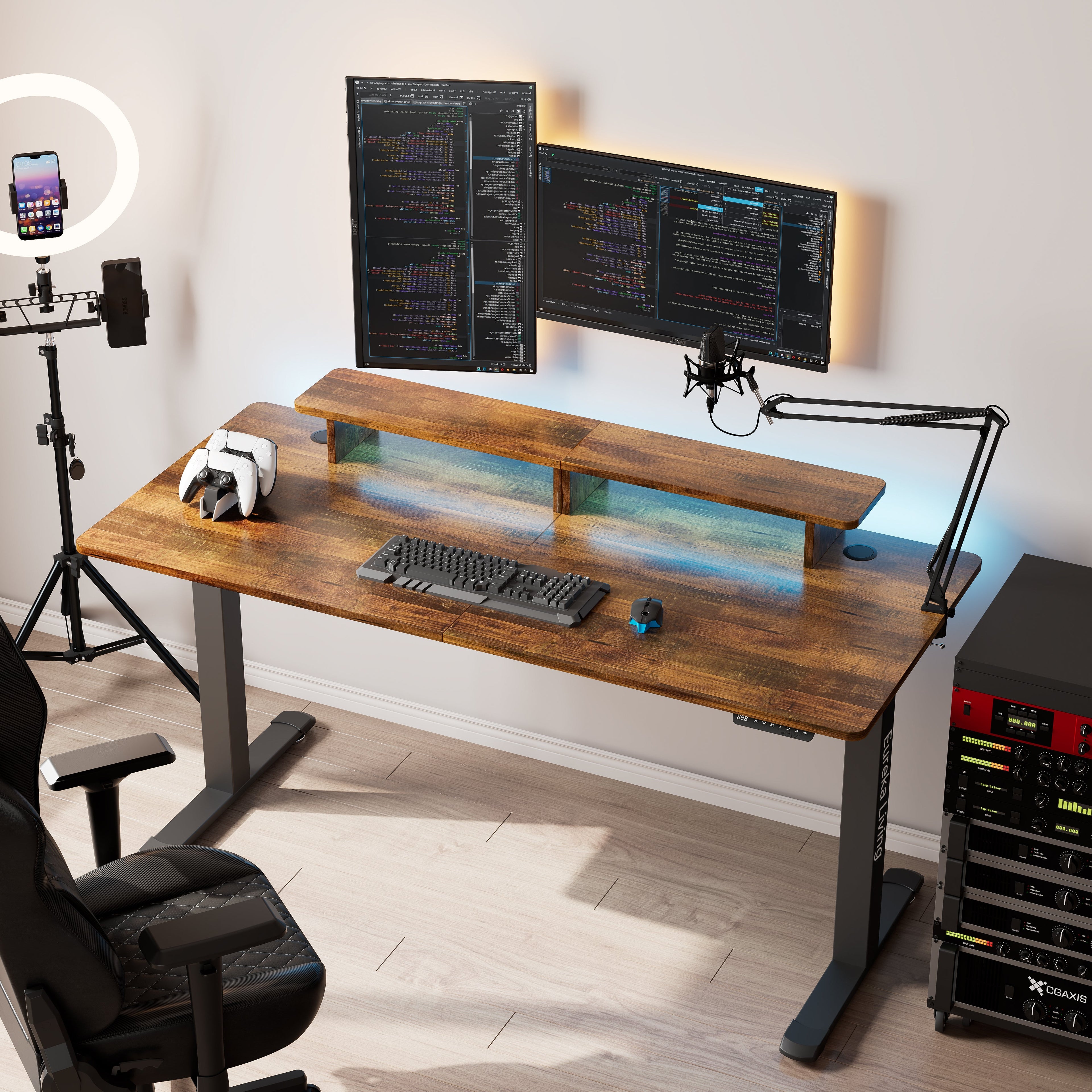 63x29 Walnut Height Adjustable Standing Desk with RGB Monitor Stand