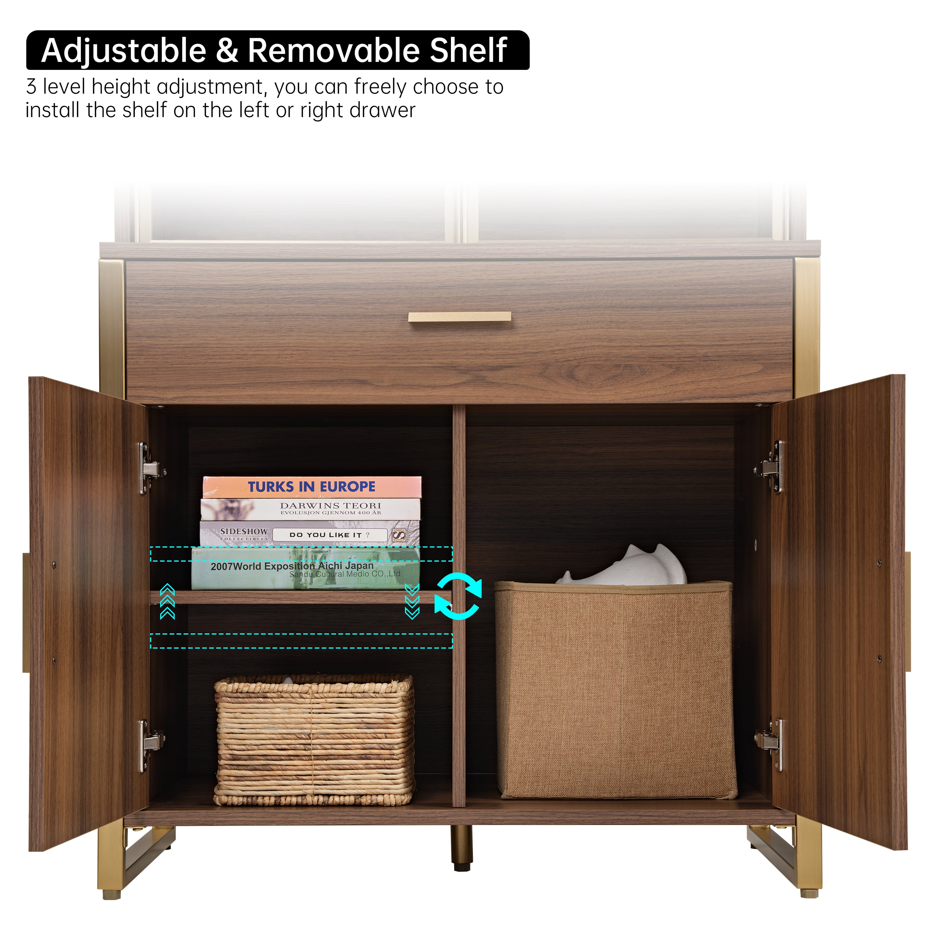 77'' Display Bookshelf with Glass Door and Storage Cabinets, Walnut